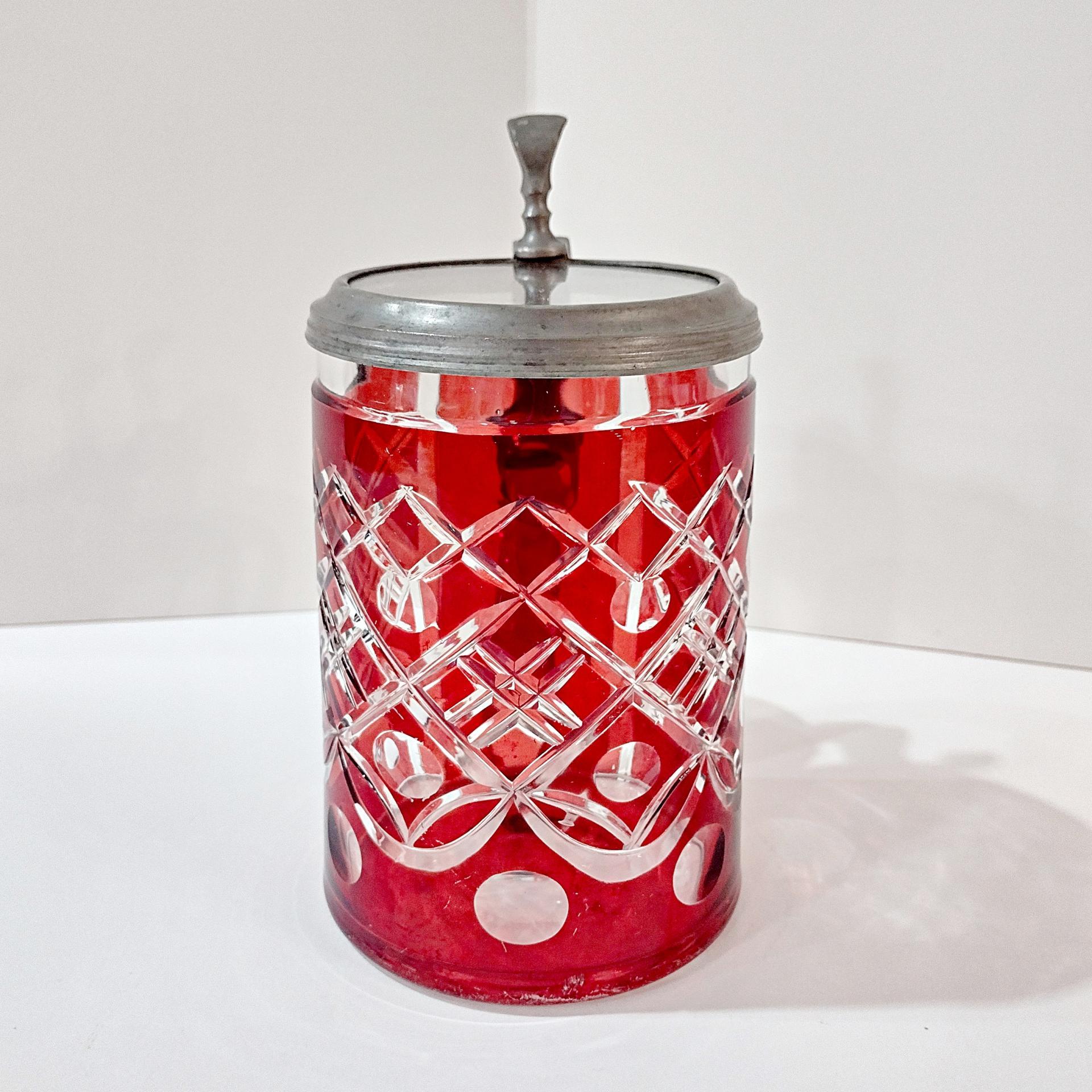Vintage Czech Bohemian Ruby Red Flashed Cut to Clear Glass Beer Stein with Pewter Hinged Lid