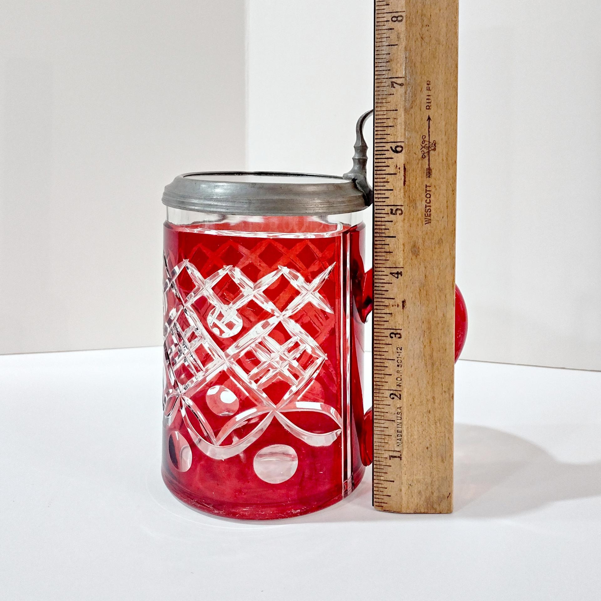 Vintage Czech Bohemian Ruby Red Flashed Cut to Clear Glass Beer Stein with Pewter Hinged Lid