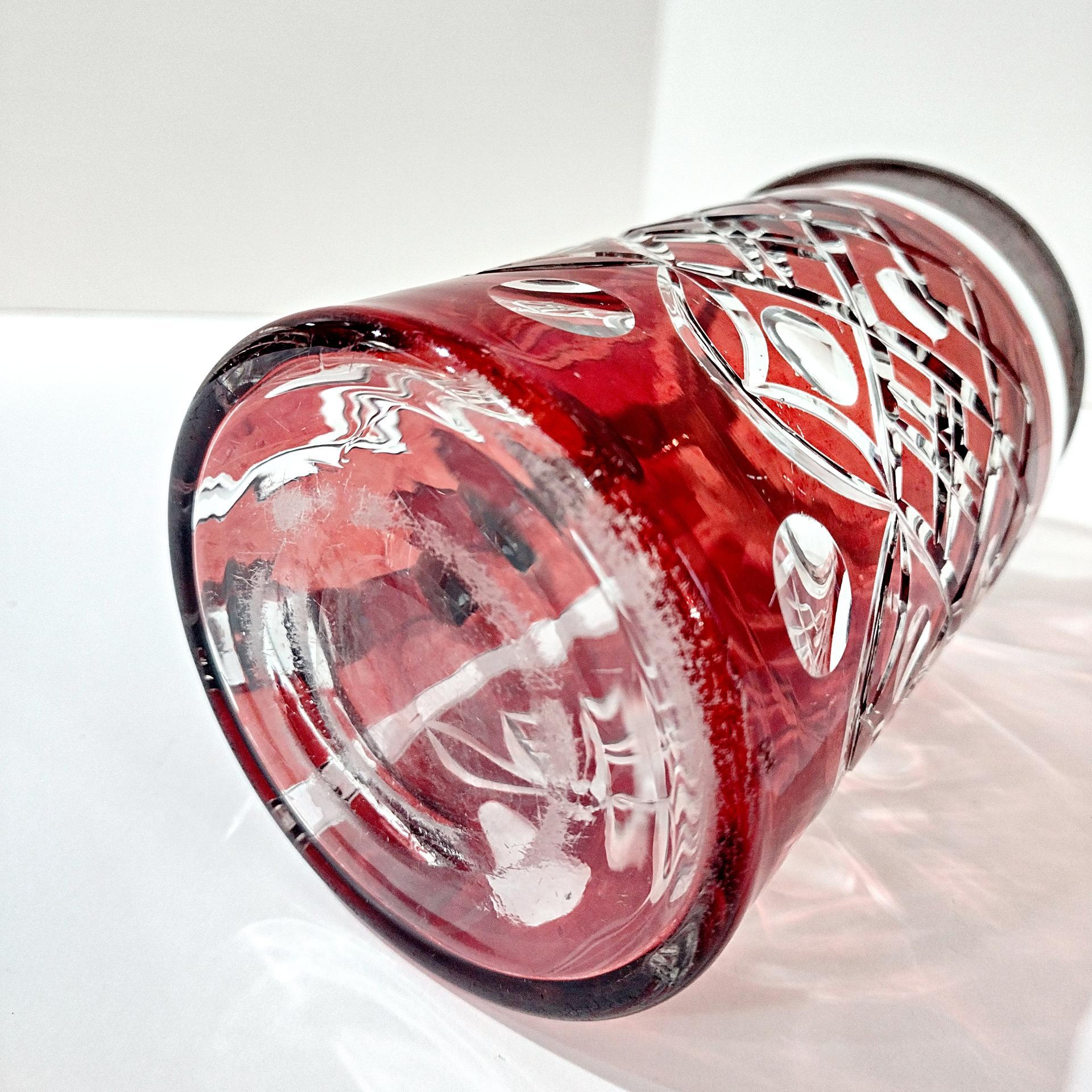 Vintage Czech Bohemian Ruby Red Flashed Cut to Clear Glass Beer Stein with Pewter Hinged Lid