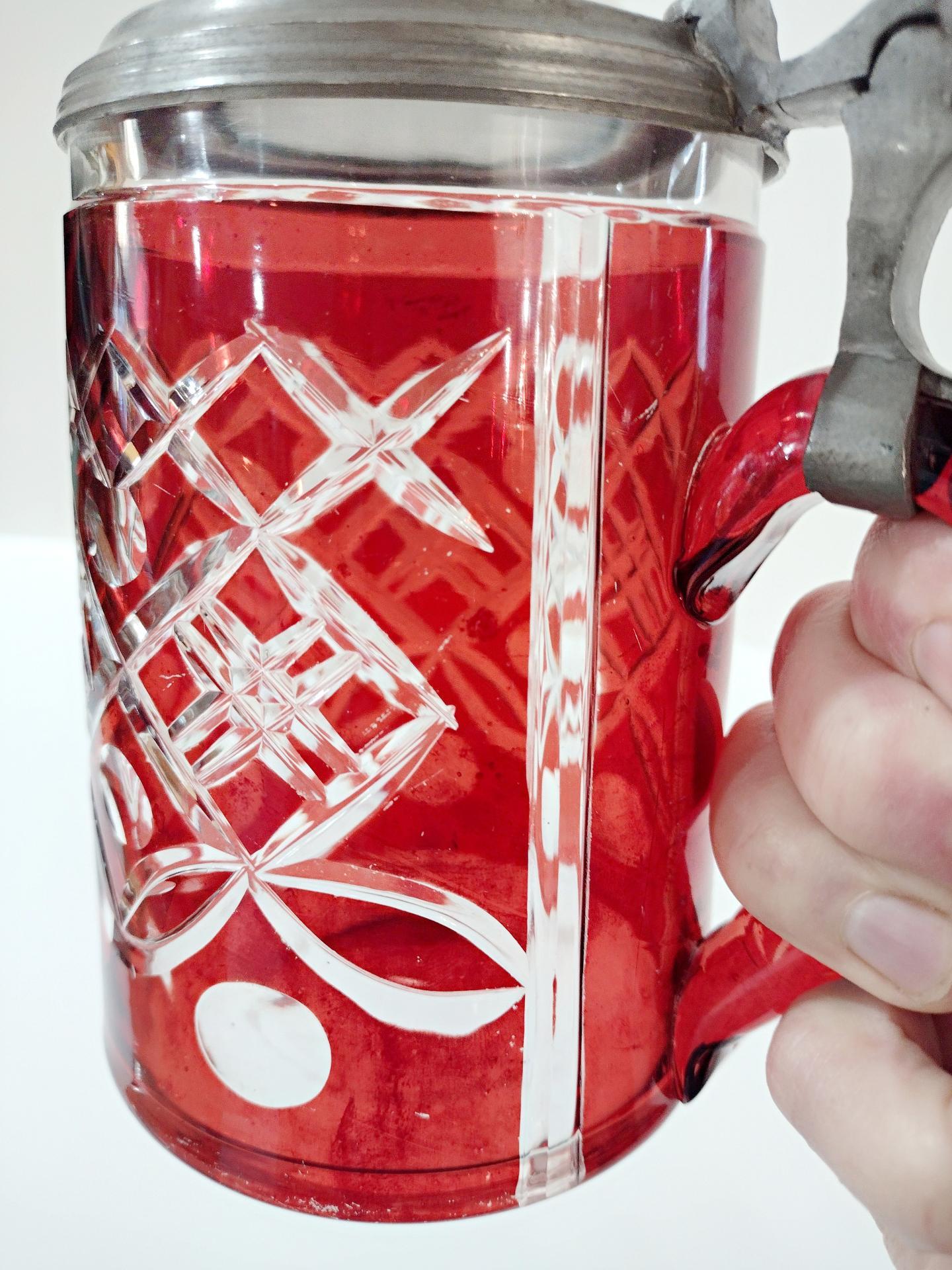 Vintage Czech Bohemian Ruby Red Flashed Cut to Clear Glass Beer Stein with Pewter Hinged Lid