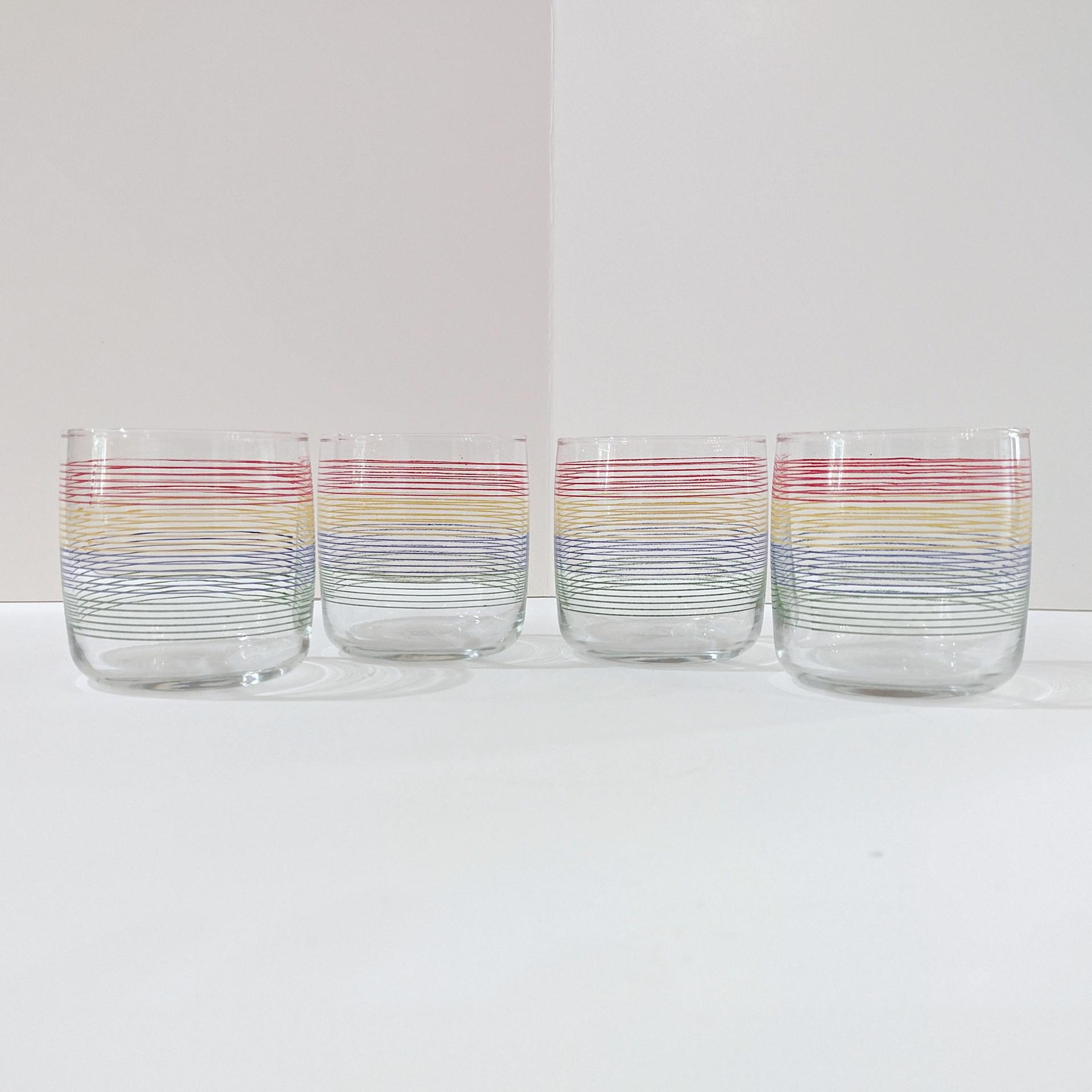 Vintage Anchor Hocking Rainbow Striped Lowball Rocks Juice Glasses, Set of 4