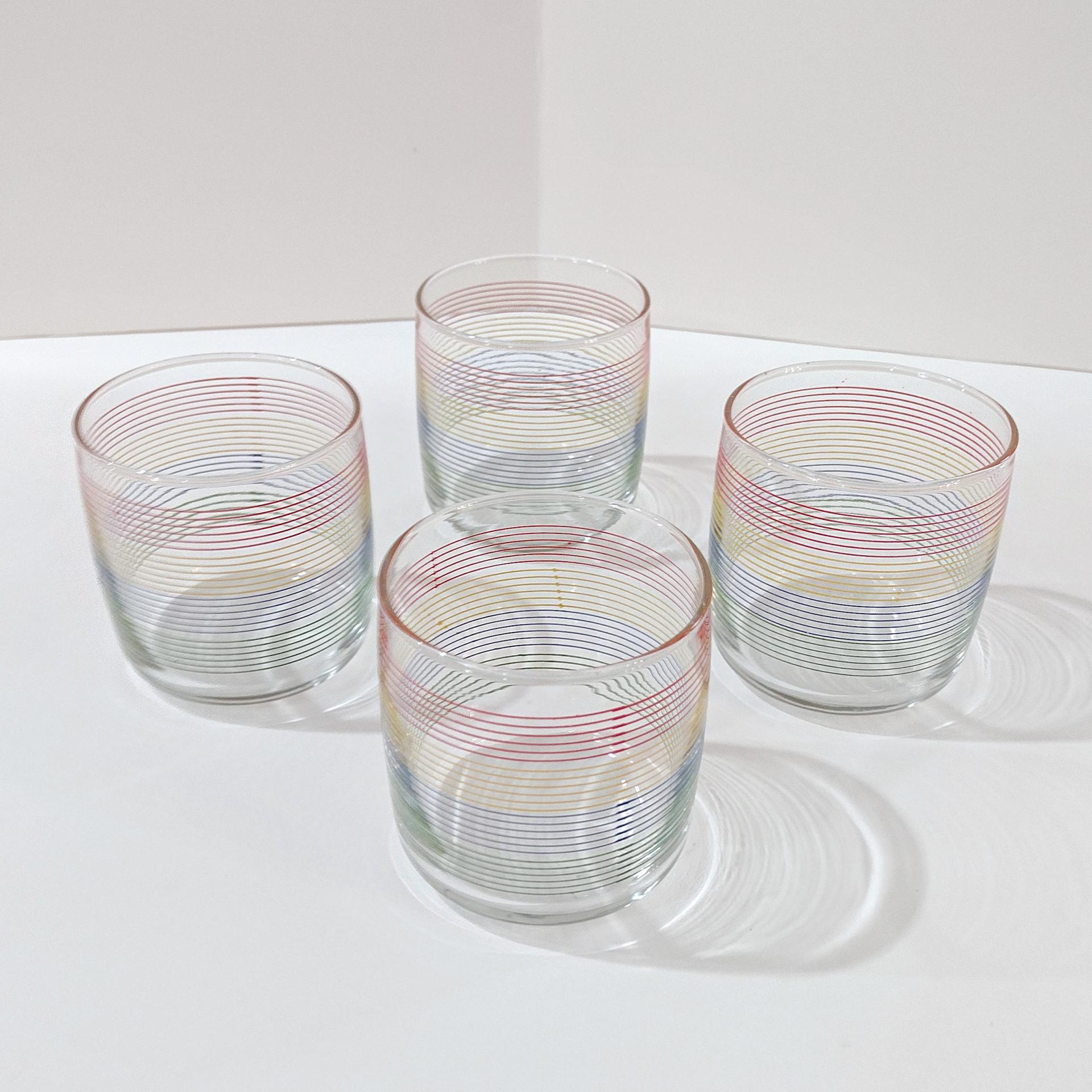 Vintage Anchor Hocking Rainbow Striped Lowball Rocks Juice Glasses, Set of 4