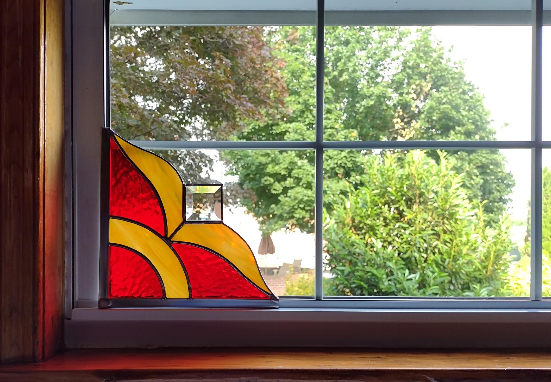 Stained Glass Corner Piece, Red and Gold Glass with Clear Bevel Prism