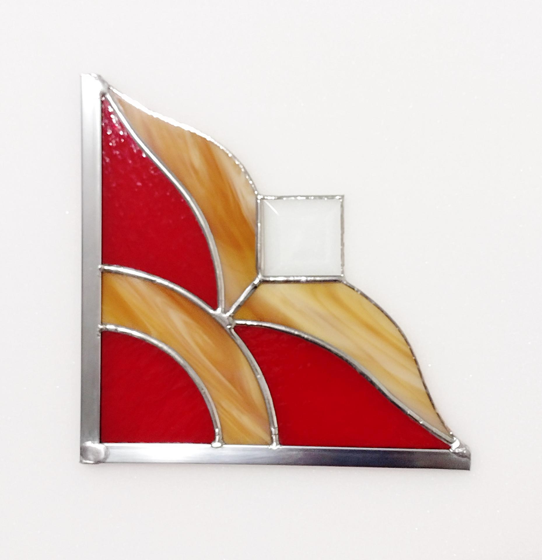 Stained Glass Corner Piece, Red and Gold Glass with Clear Bevel Prism