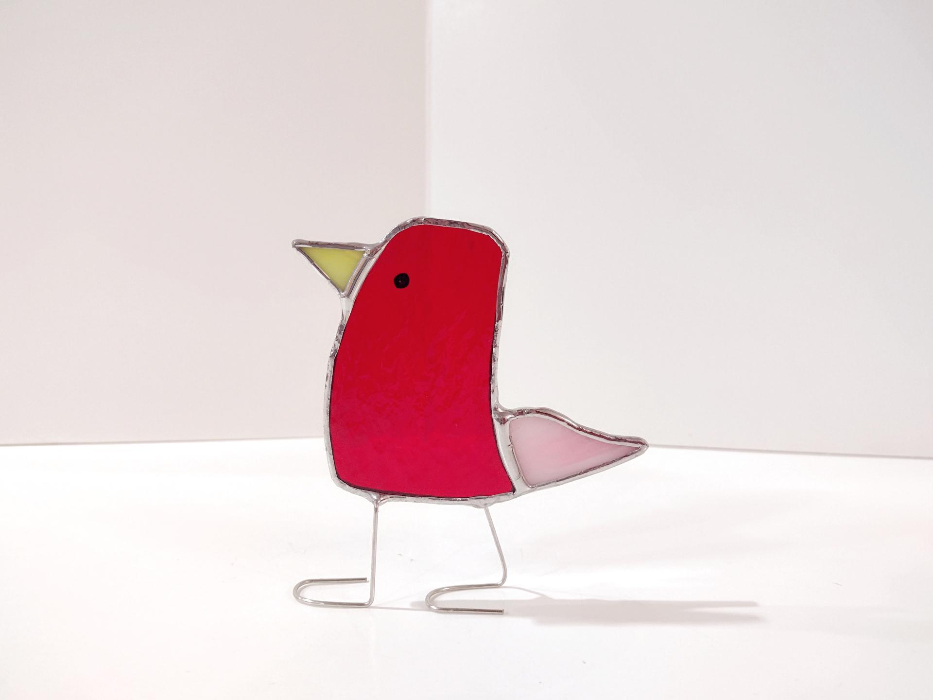 Stained Glass Standing Bird, Funky Glass Bird, Red and Pink Bird Suncatcher, Windowsill Free Standing Bird