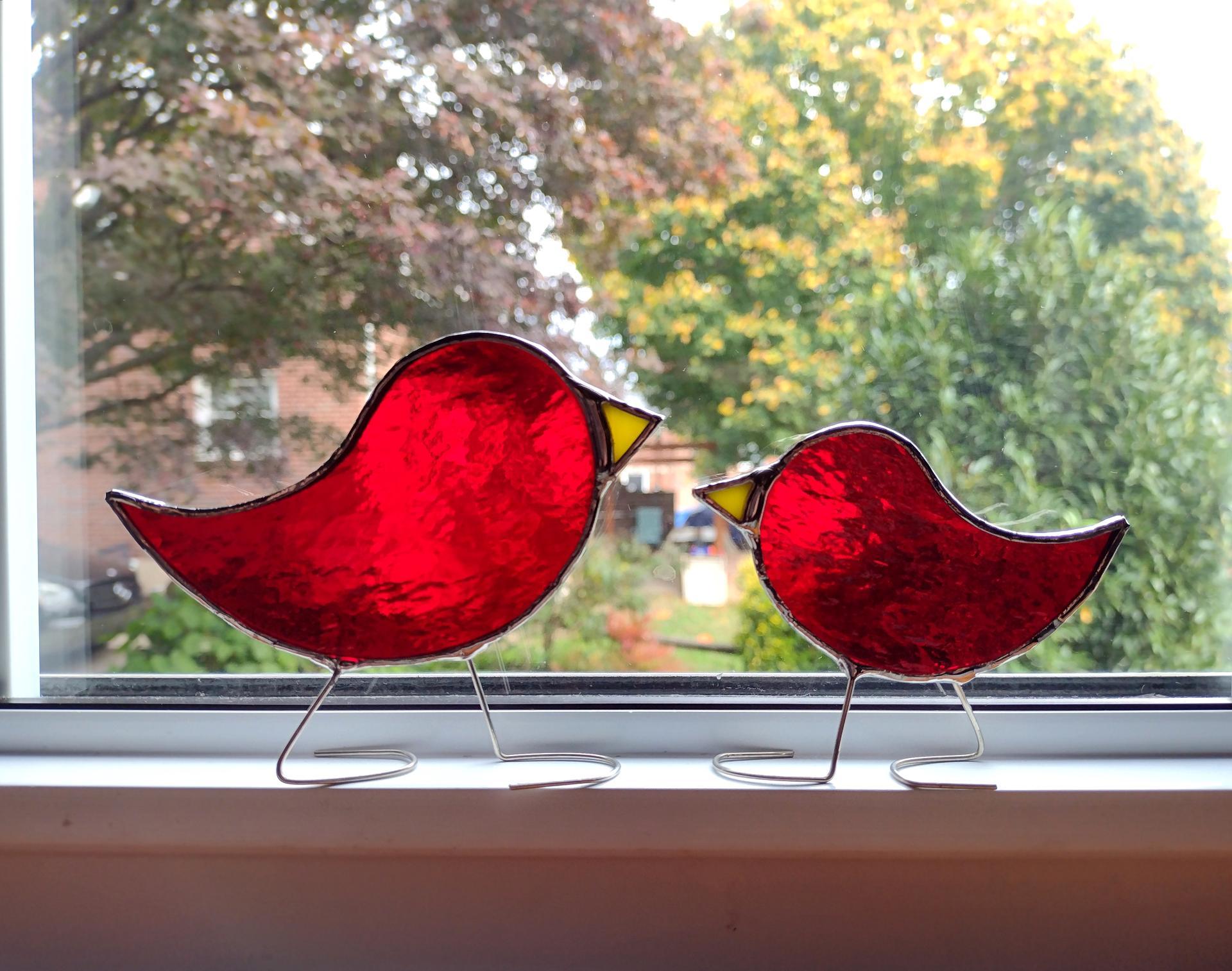 Momma and Baby Standing Stained Glass Bird Set, Custom Colors Available