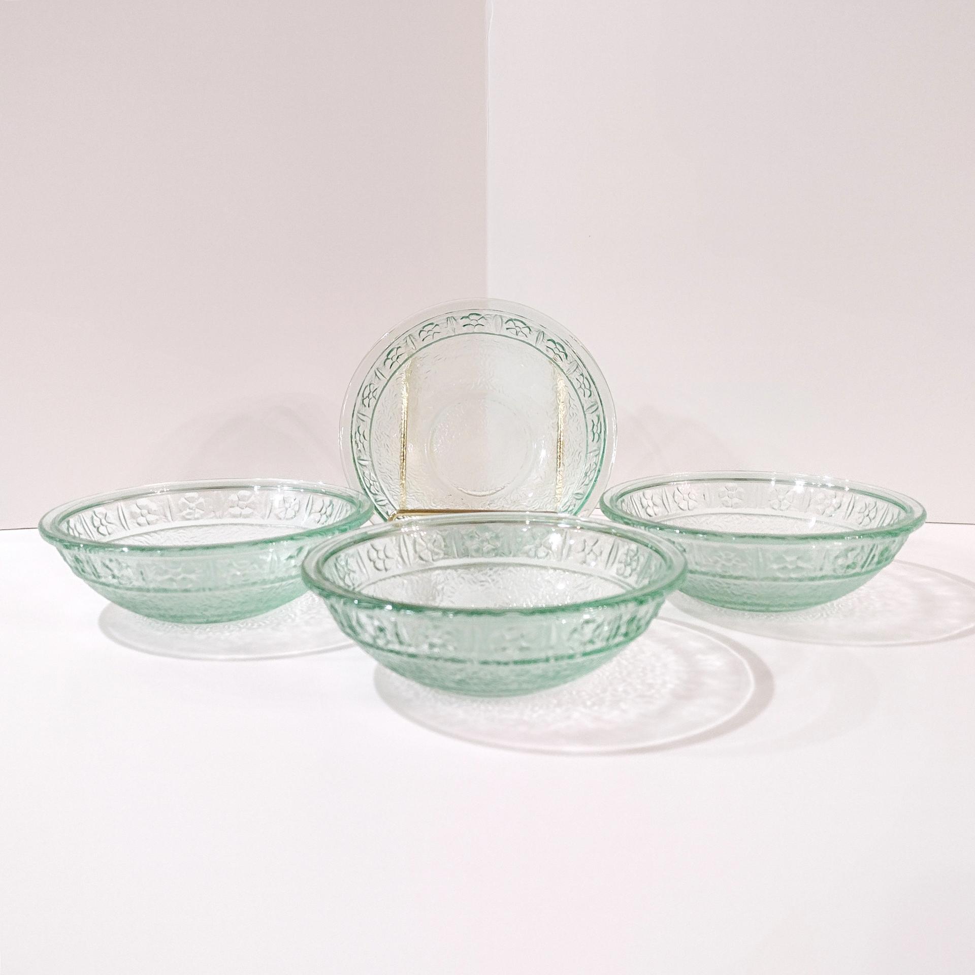 Vintage Green Recycled Glass Bowls with Embossed Daisy Flower Design, Set of Four