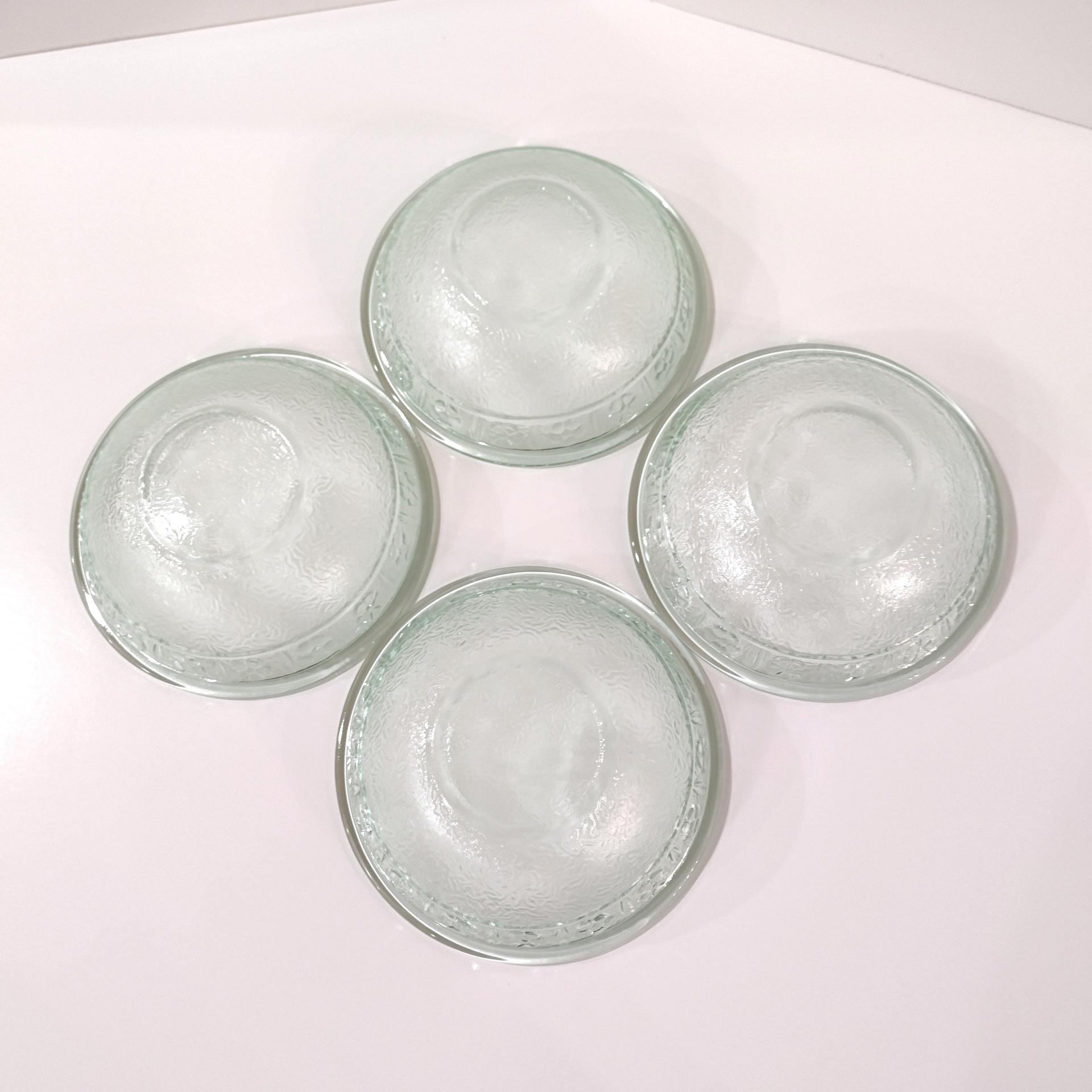 Vintage Green Recycled Glass Bowls with Embossed Daisy Flower Design, Set of Four