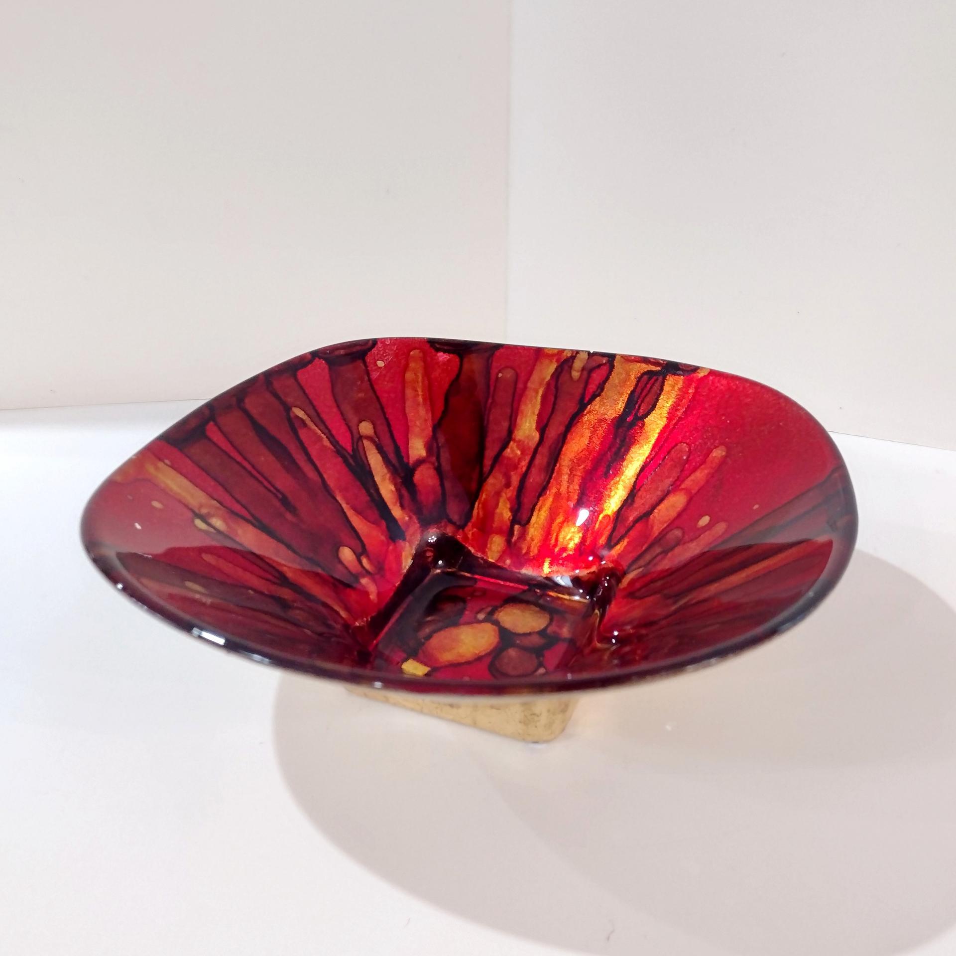 Vintage Italian Red and Gold Reverse Painted Decorative Bowl, Centerpiece Fruit Accent Bowl
