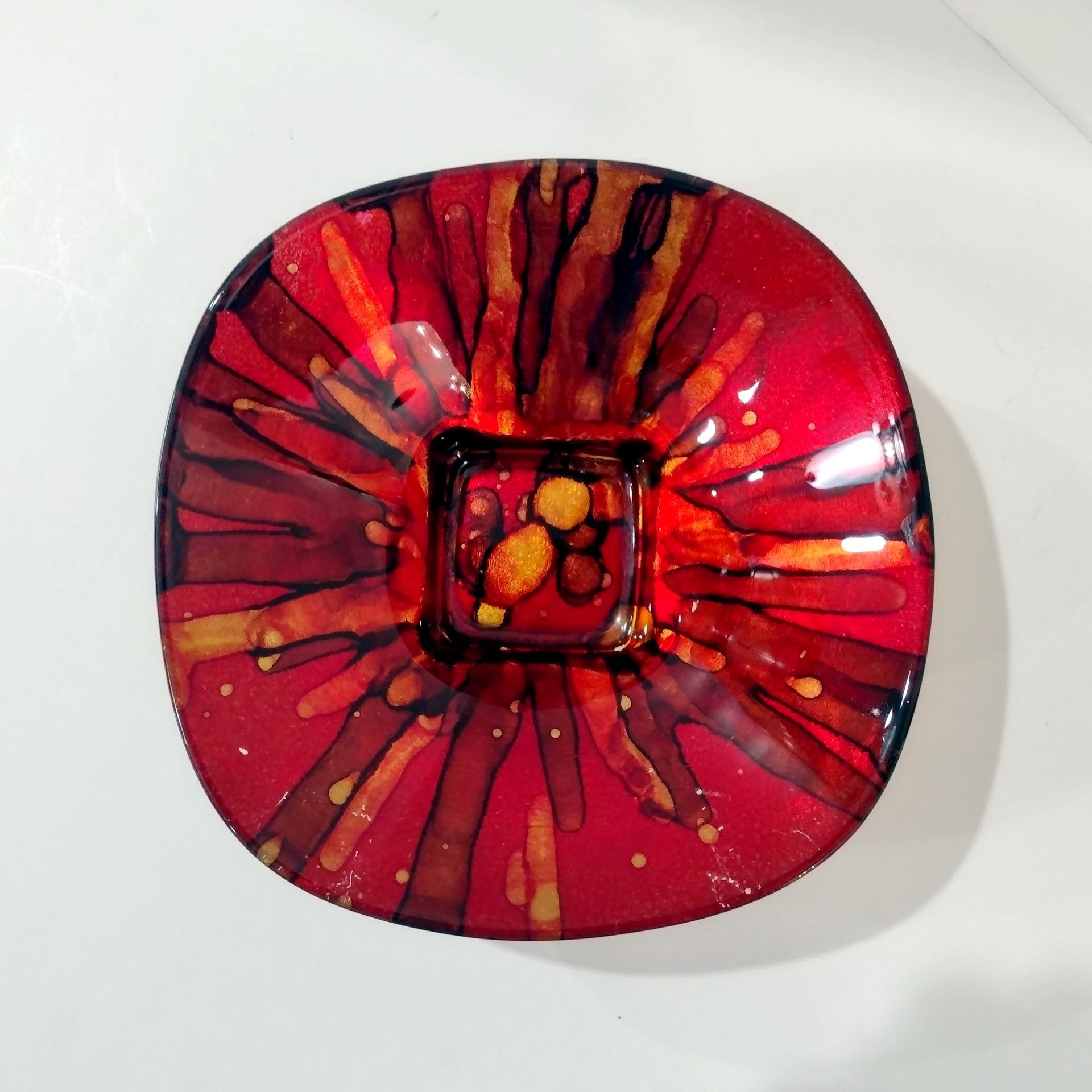 Vintage Italian Red and Gold Reverse Painted Decorative Bowl, Centerpiece Fruit Accent Bowl
