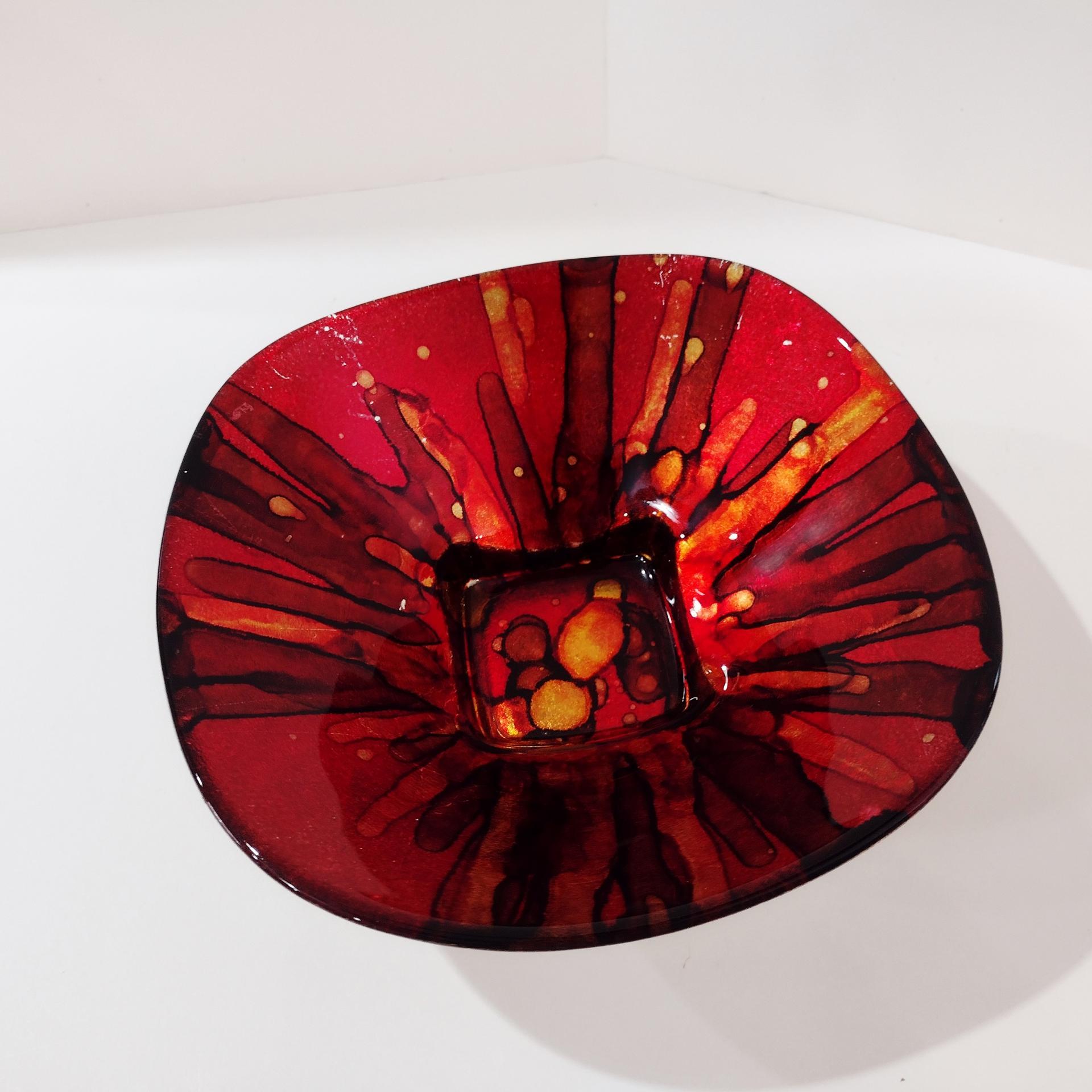 Vintage Italian Red and Gold Reverse Painted Decorative Bowl, Centerpiece Fruit Accent Bowl