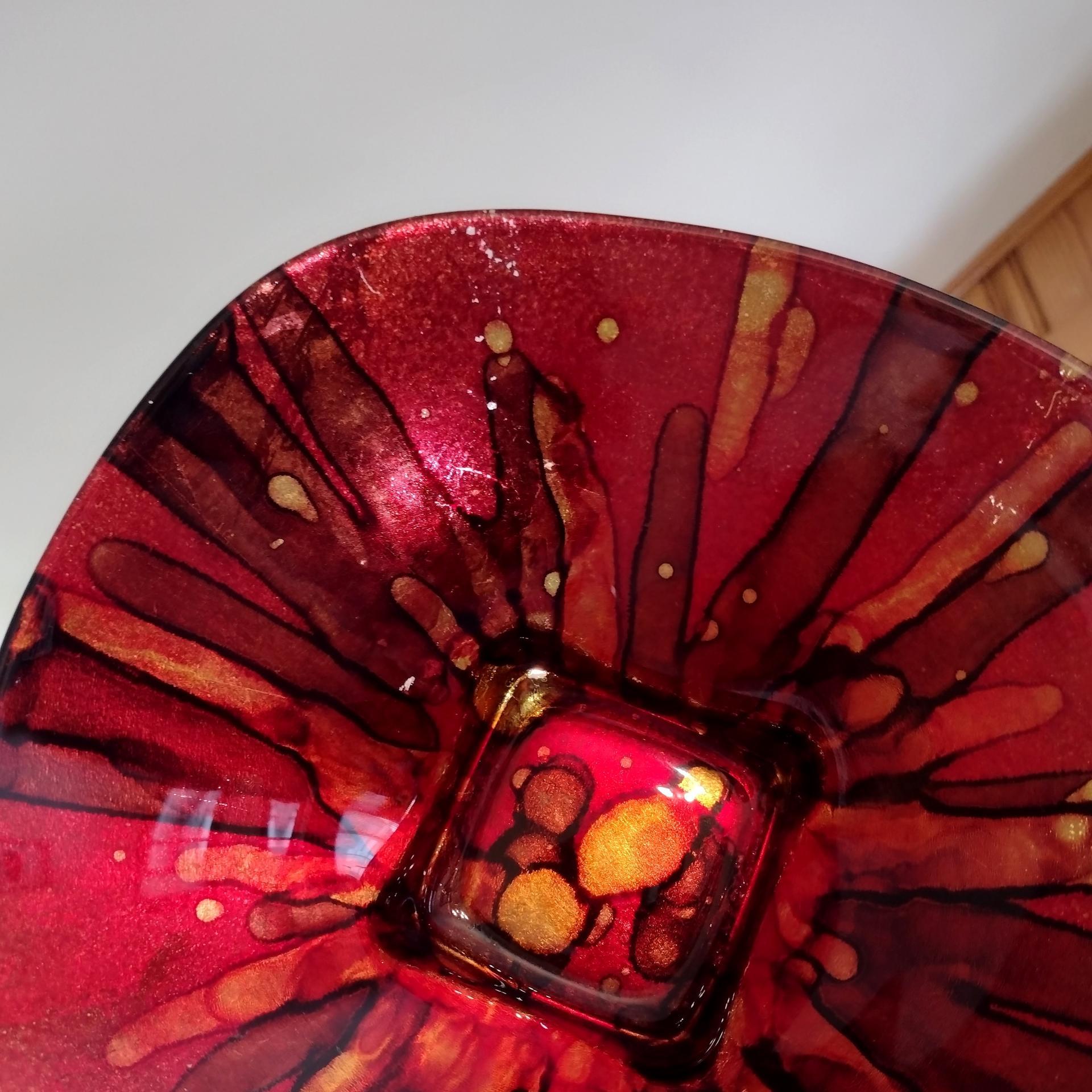 Vintage Italian Red and Gold Reverse Painted Decorative Bowl, Centerpiece Fruit Accent Bowl