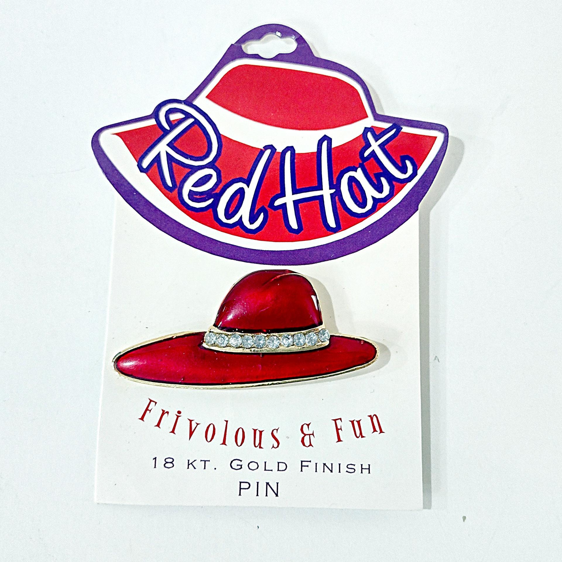 Vintage Frivolous and Fun Red Hat Enamel and Rhinestone Pin, Red Hat Society Pin