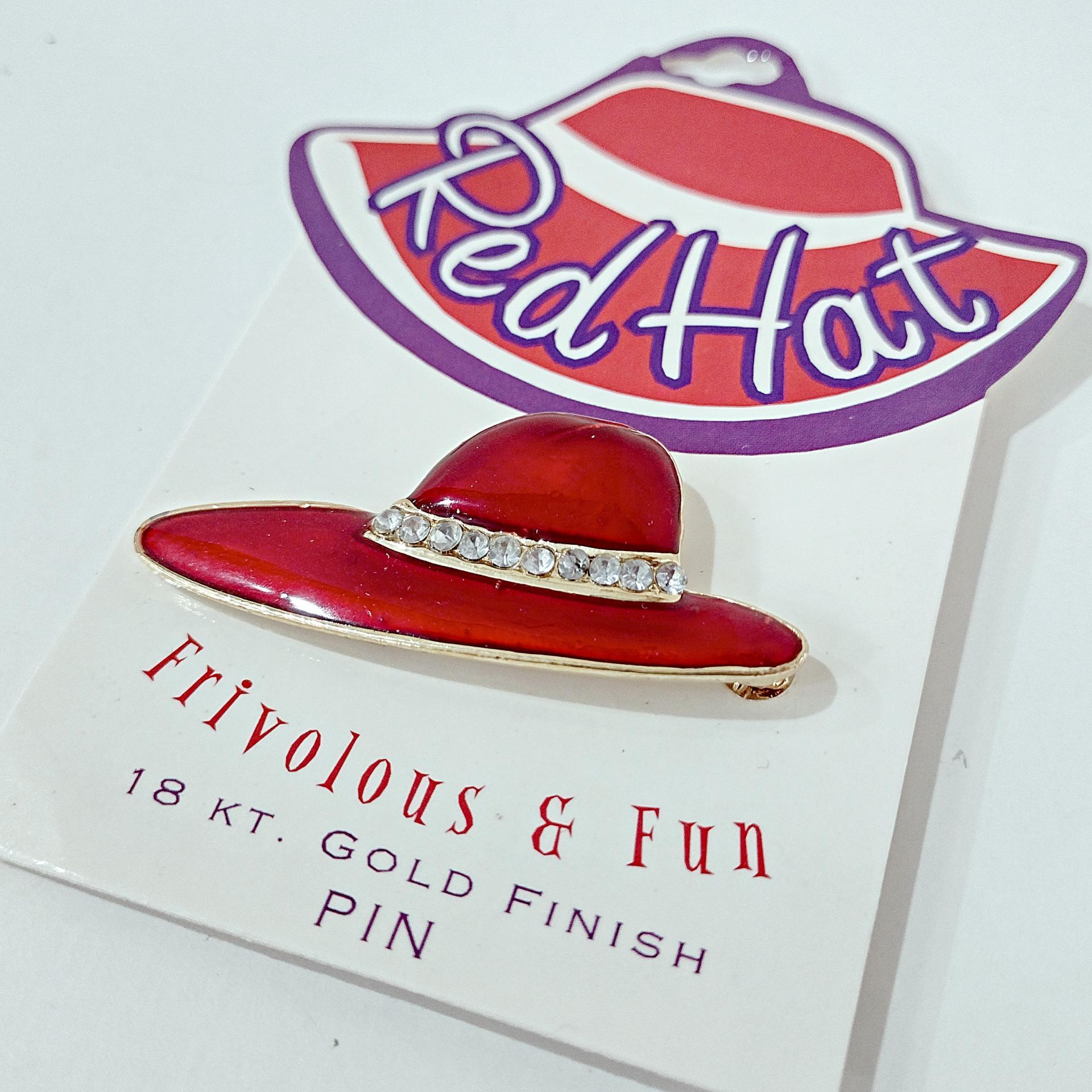 Vintage Frivolous and Fun Red Hat Enamel and Rhinestone Pin, Red Hat Society Pin