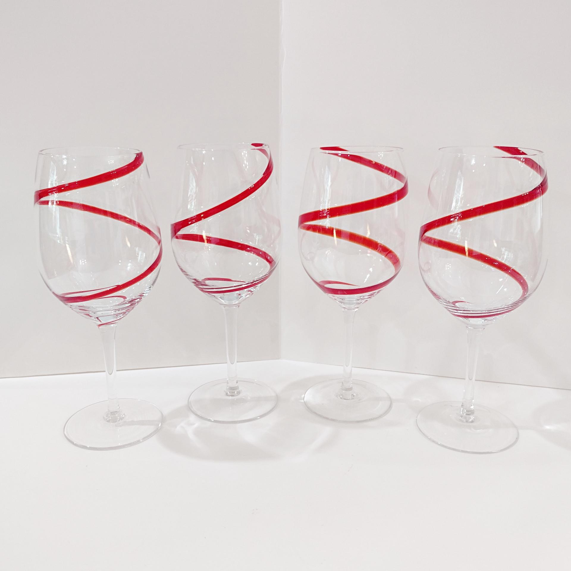 Vintage Pier One Red Swirline Water Goblets Wine Glasses, Set of Four