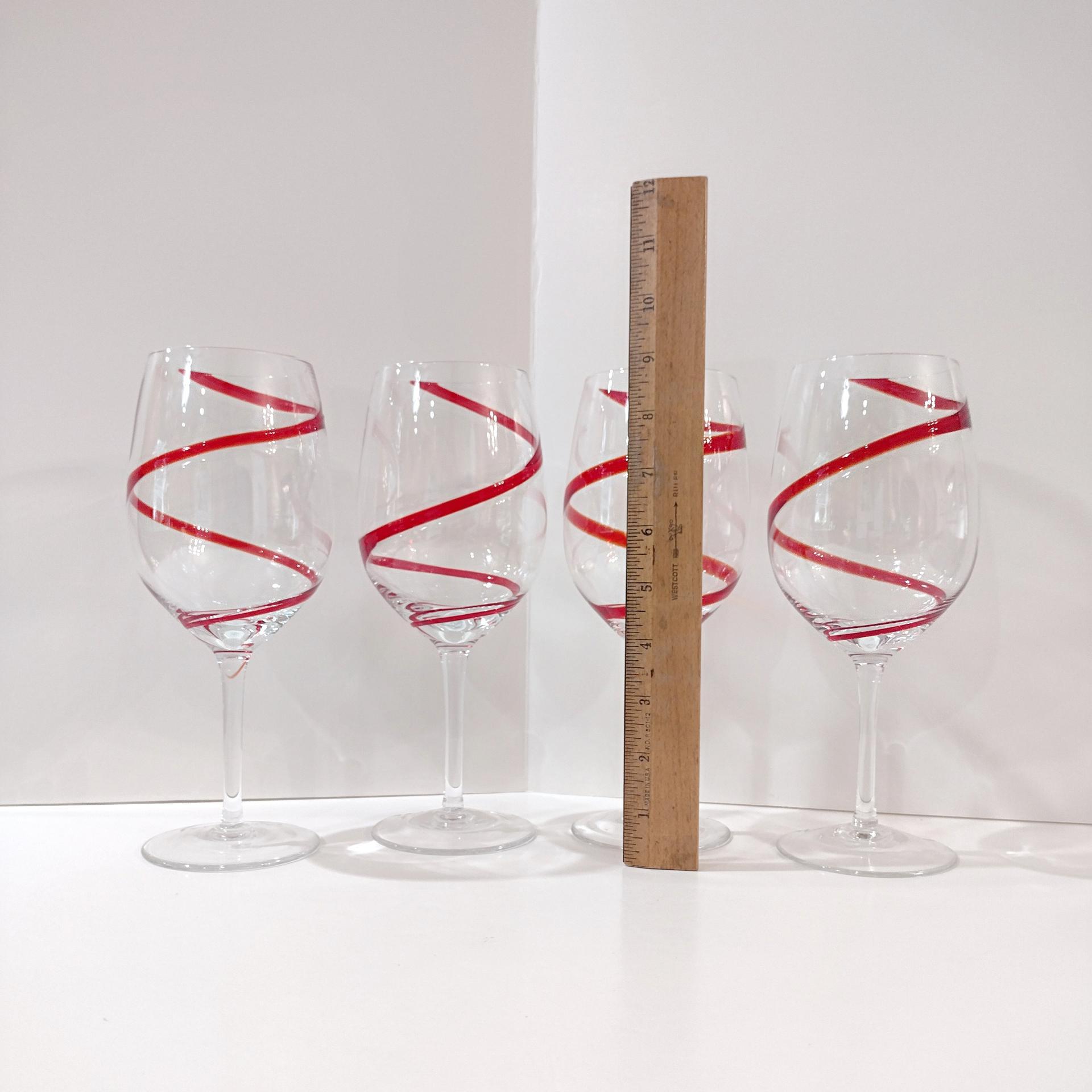 Vintage Pier One Red Swirline Water Goblets Wine Glasses, Set of Four