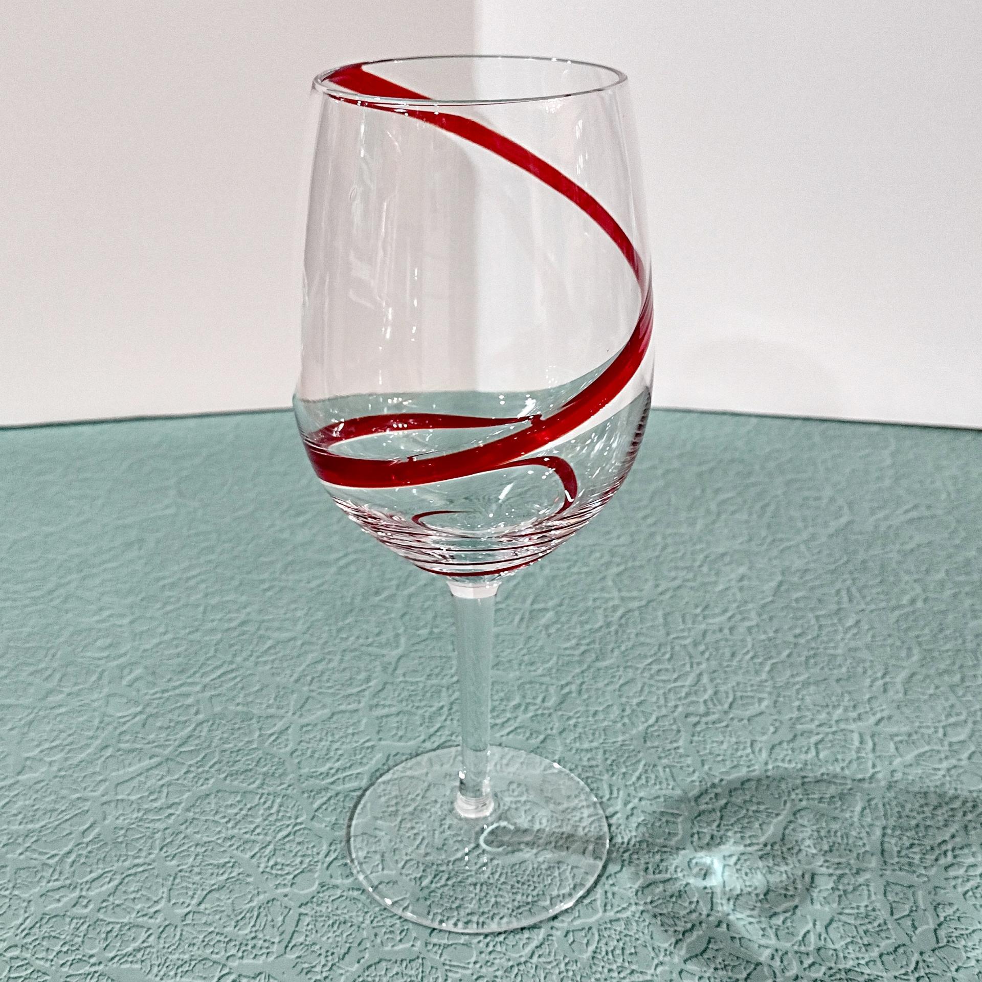 Vintage Pier One Red Swirline Water Goblets Wine Glasses, Set of Four