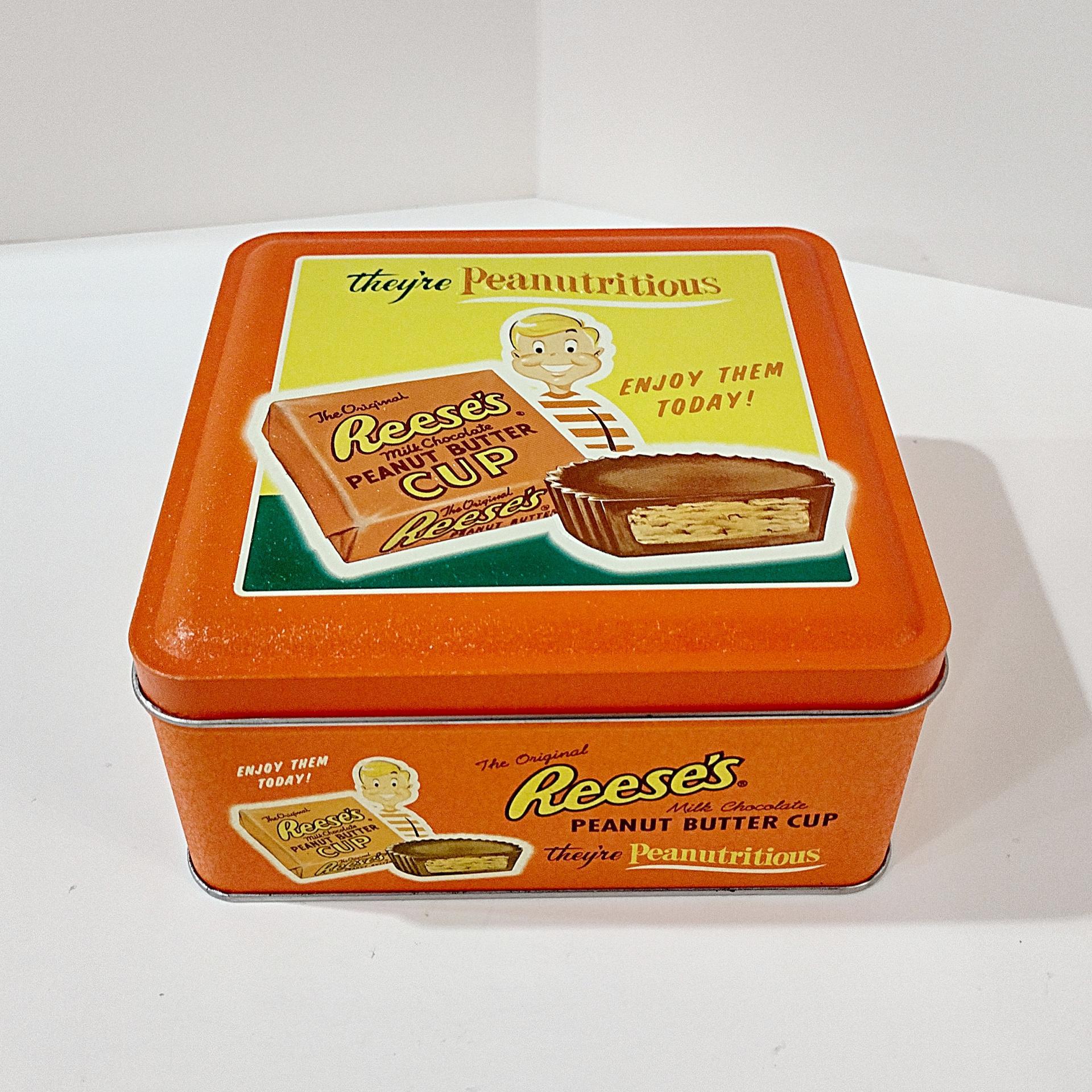 Vintage 1997 Reese's Peanutritious Square Metal Tin Storage Container, Hershey's Millennium Series Canister #3, Reeses Peanut Butter Cup Tin