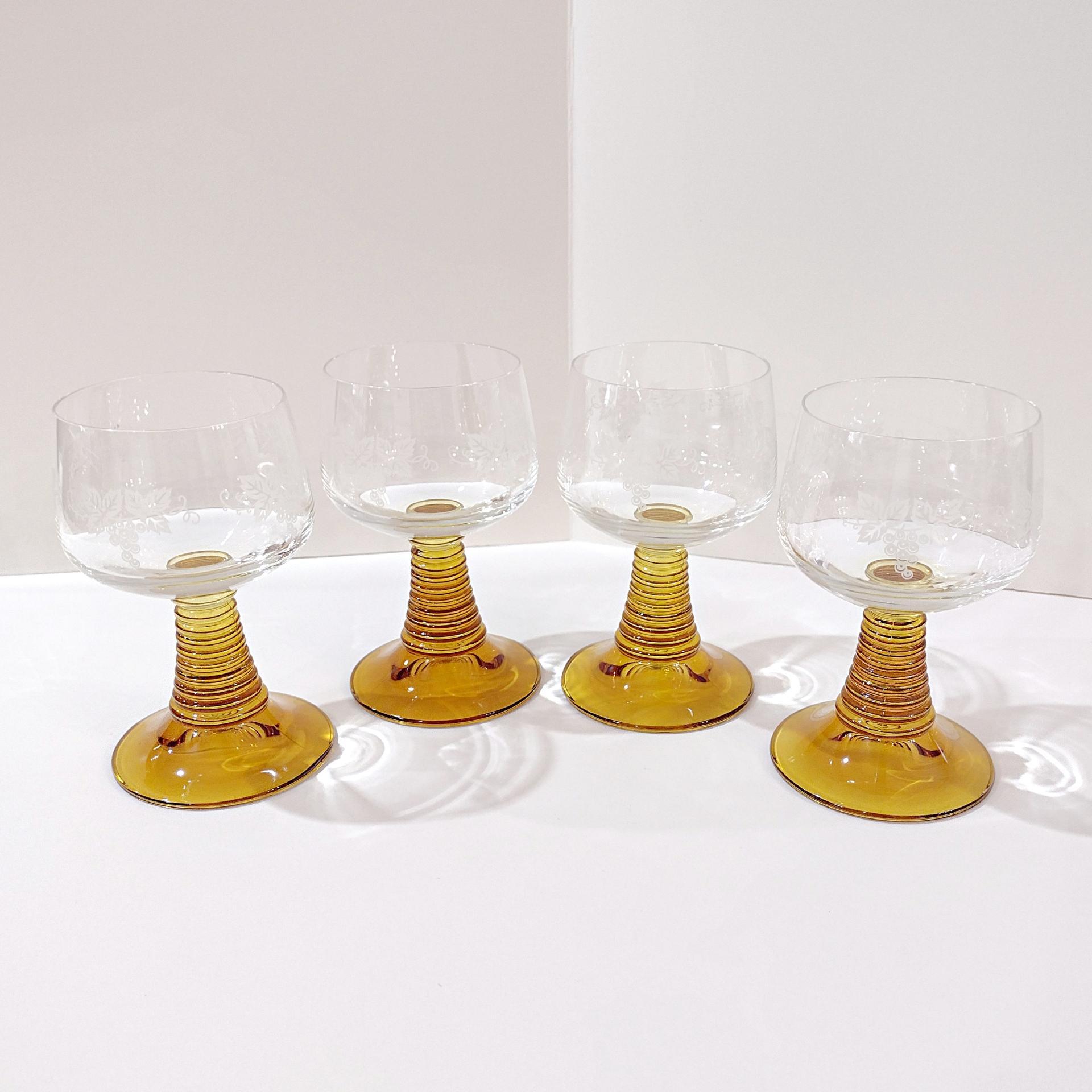Vintage Amber Roemer Crystal Wine Glasses with Etched Grapevine Design, Set of 4,  Schott-Zwiesel Beehive German Roemer Coupe Wine Glass