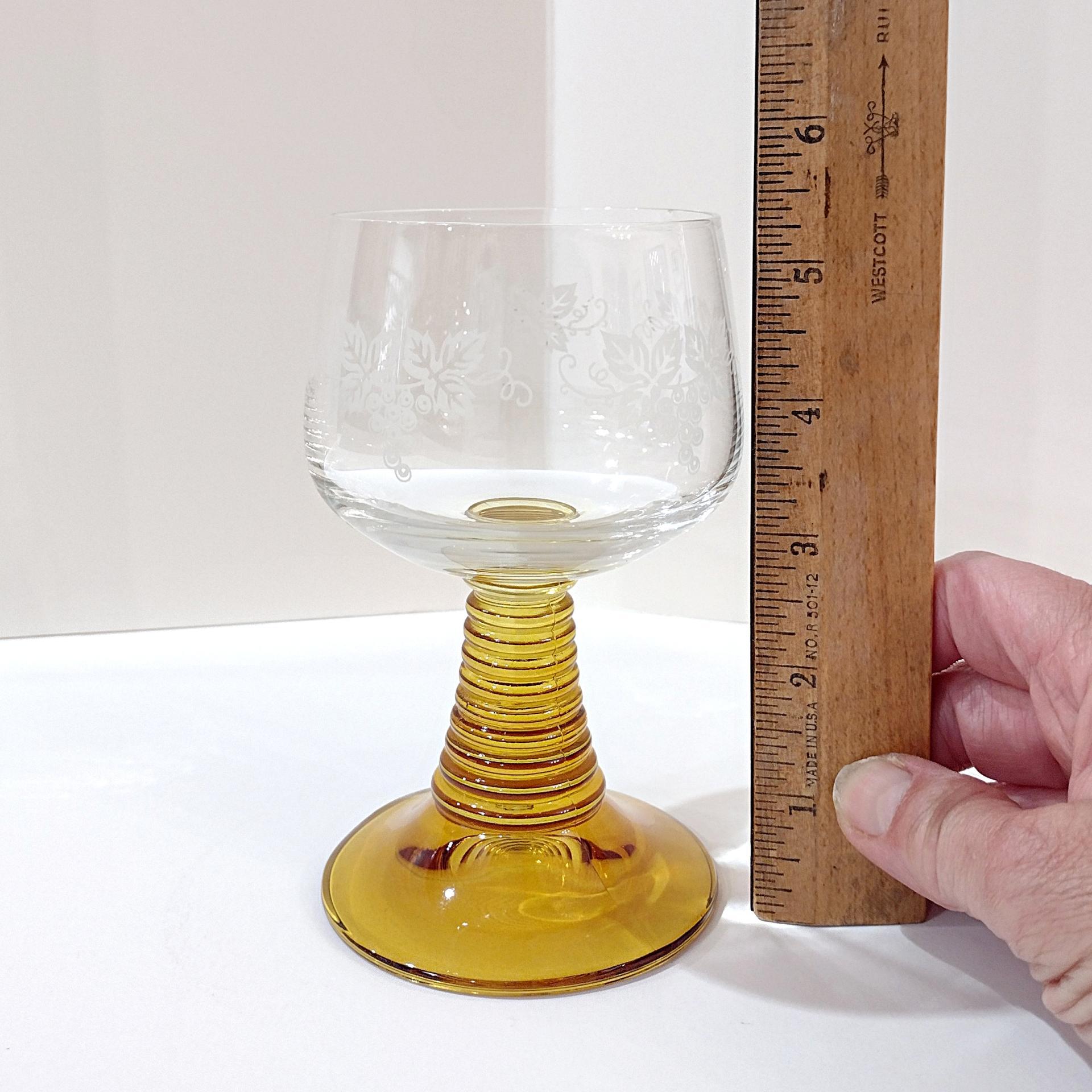 Vintage Amber Roemer Crystal Wine Glasses with Etched Grapevine Design, Set of 4,  Schott-Zwiesel Beehive German Roemer Coupe Wine Glass