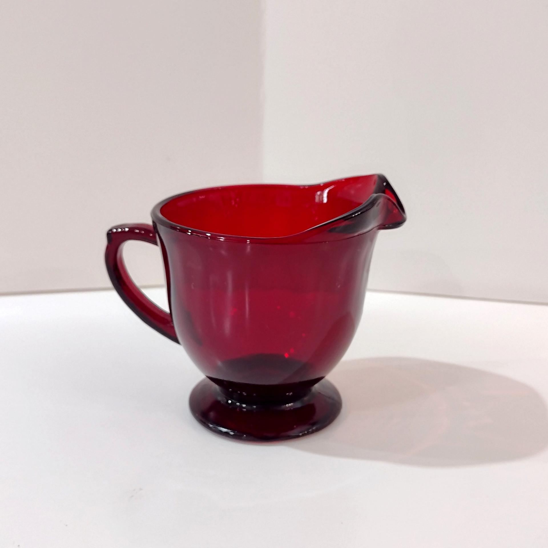 Vintage Ruby Red Glass Creamer, Red Footed Pitcher