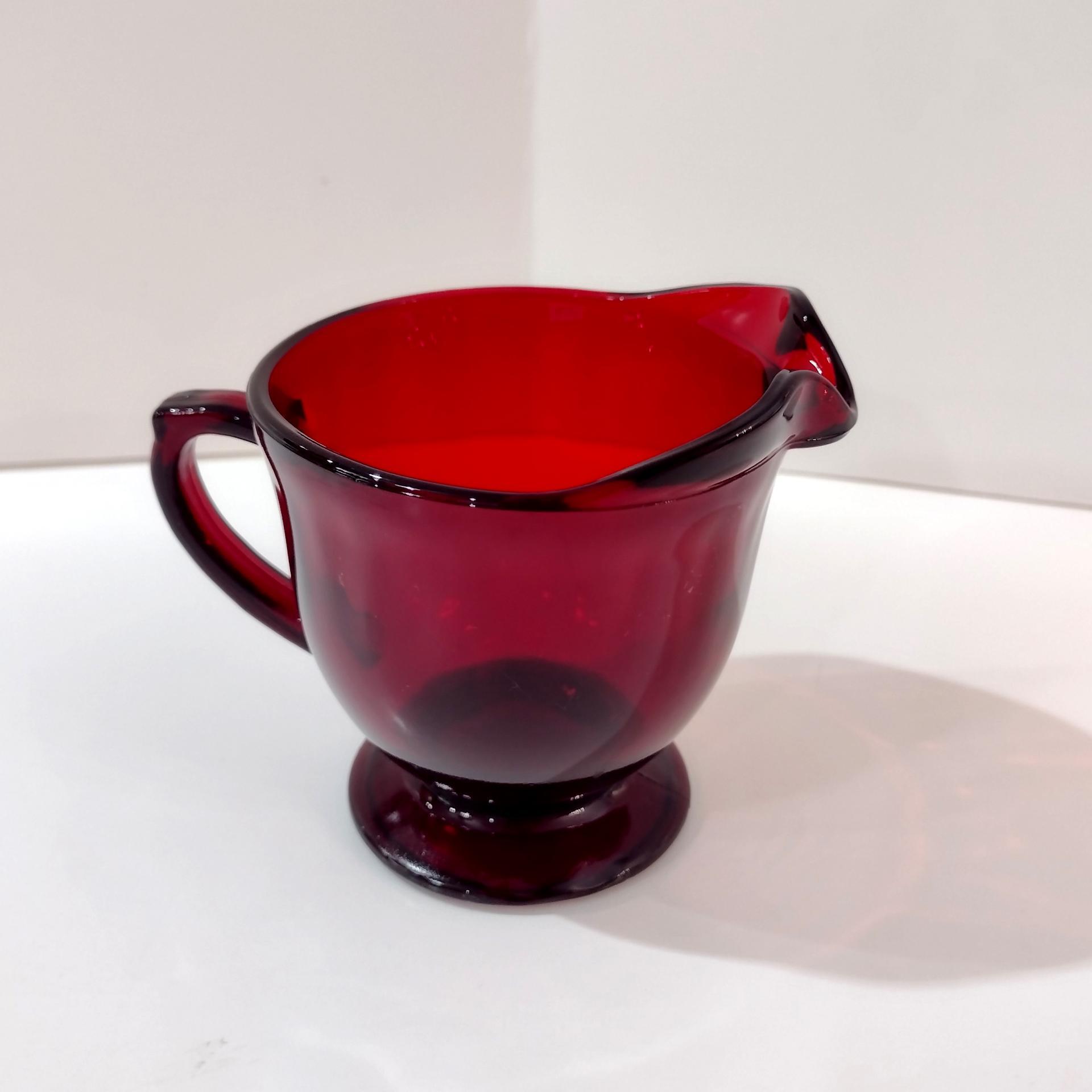 Vintage Ruby Red Glass Creamer, Red Footed Pitcher