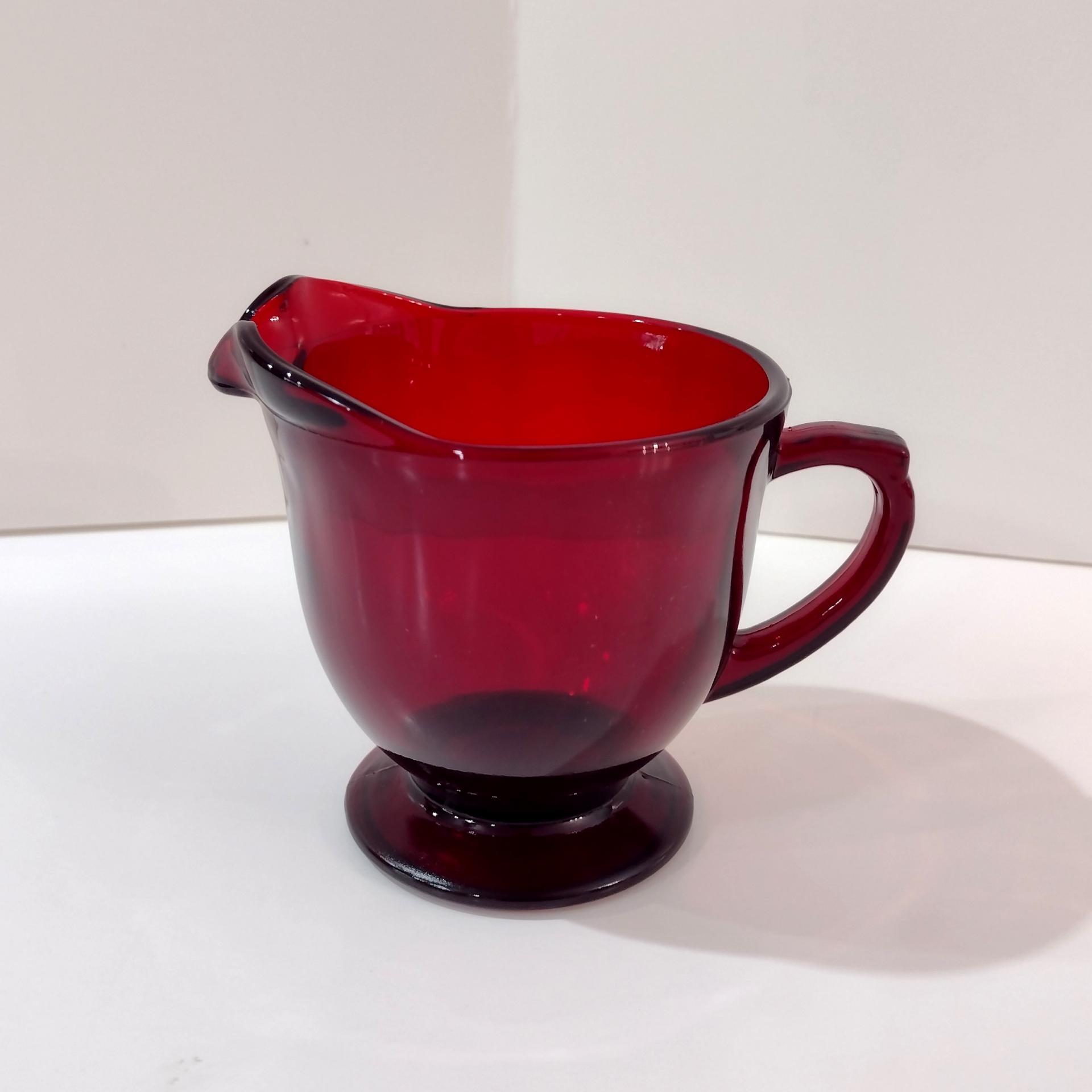 Vintage Ruby Red Glass Creamer, Red Footed Pitcher