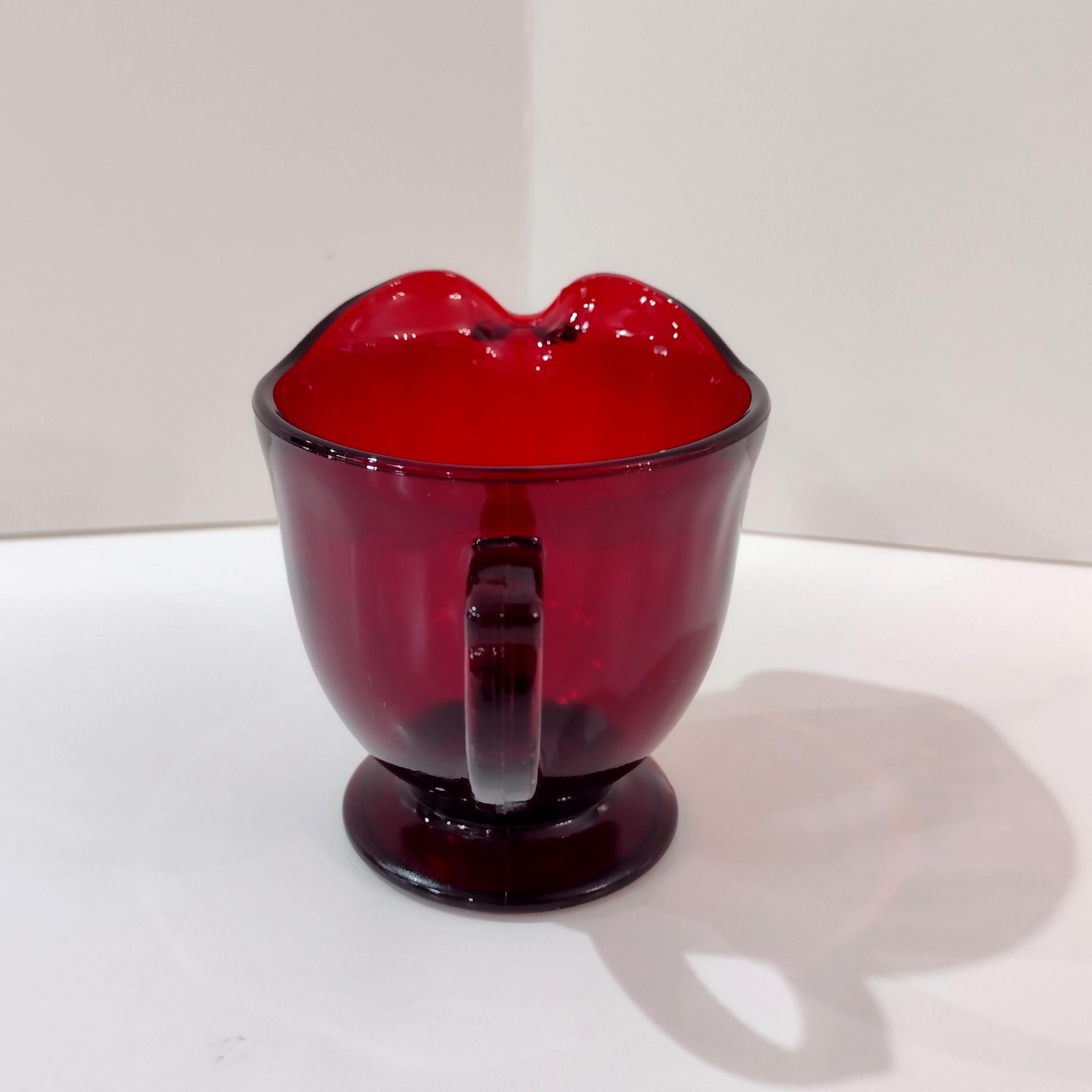 Vintage Ruby Red Glass Creamer, Red Footed Pitcher