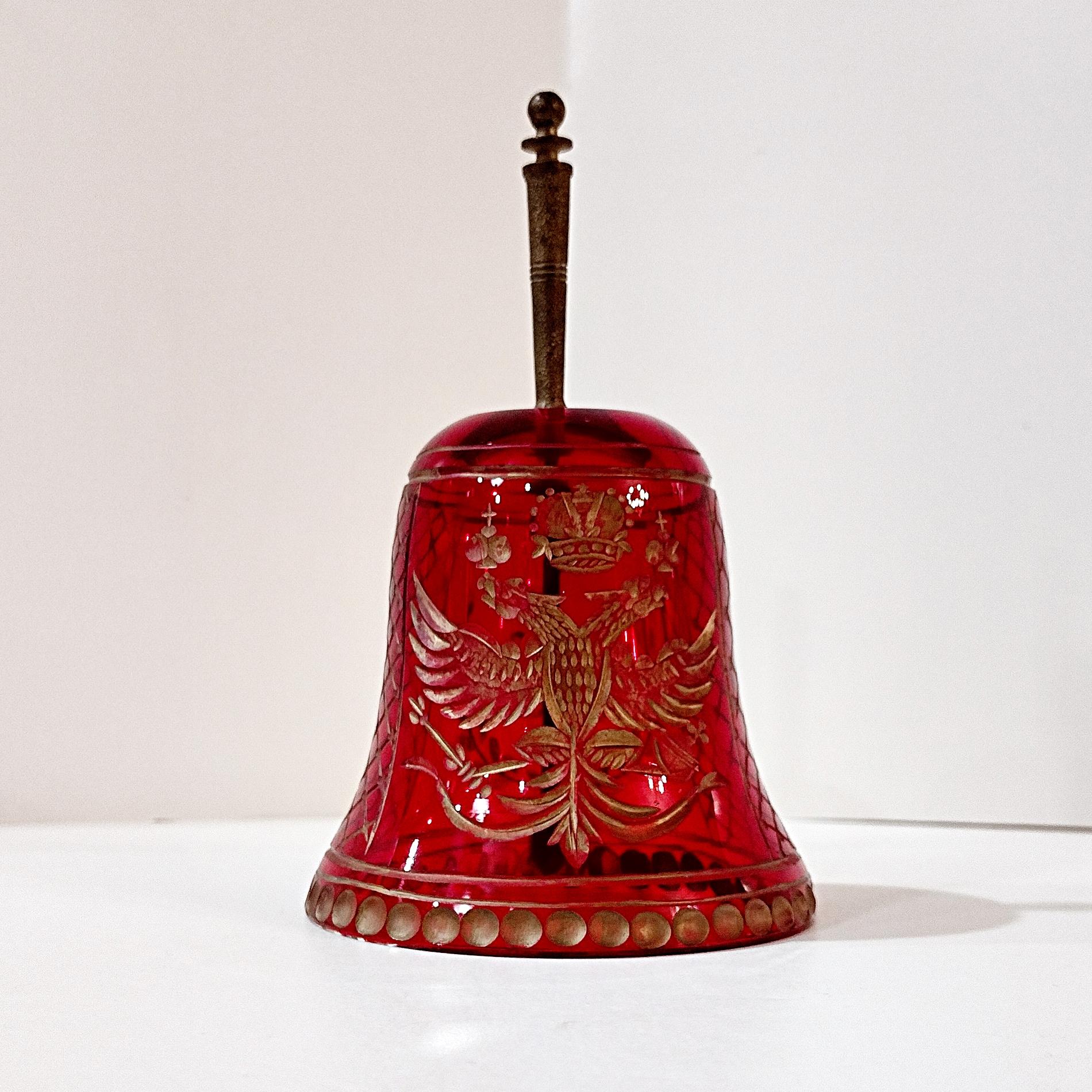 Vintage Bohemian Red Flash Glass Etched Bell with Gold Accents