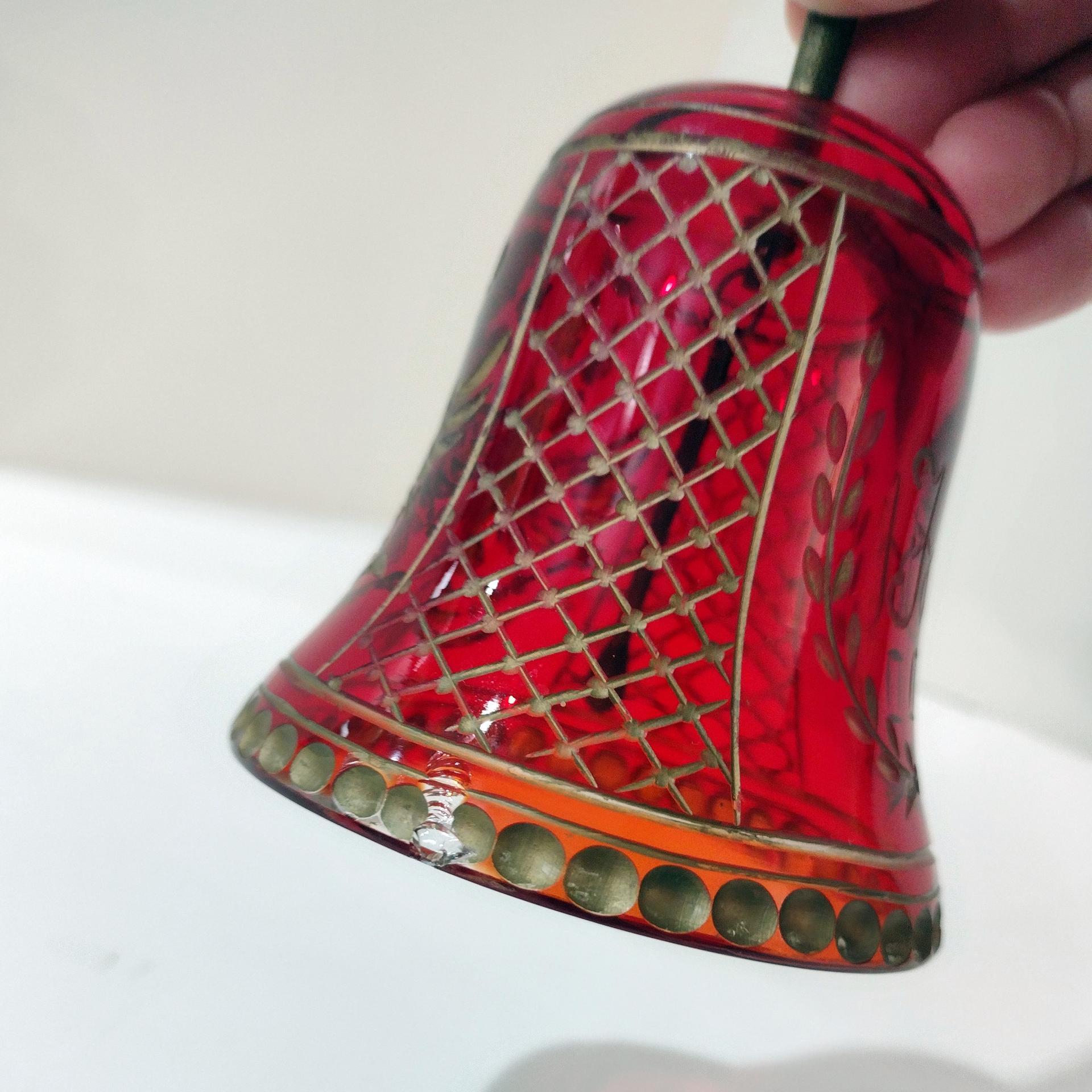 Vintage Bohemian Red Flash Glass Etched Bell with Gold Accents