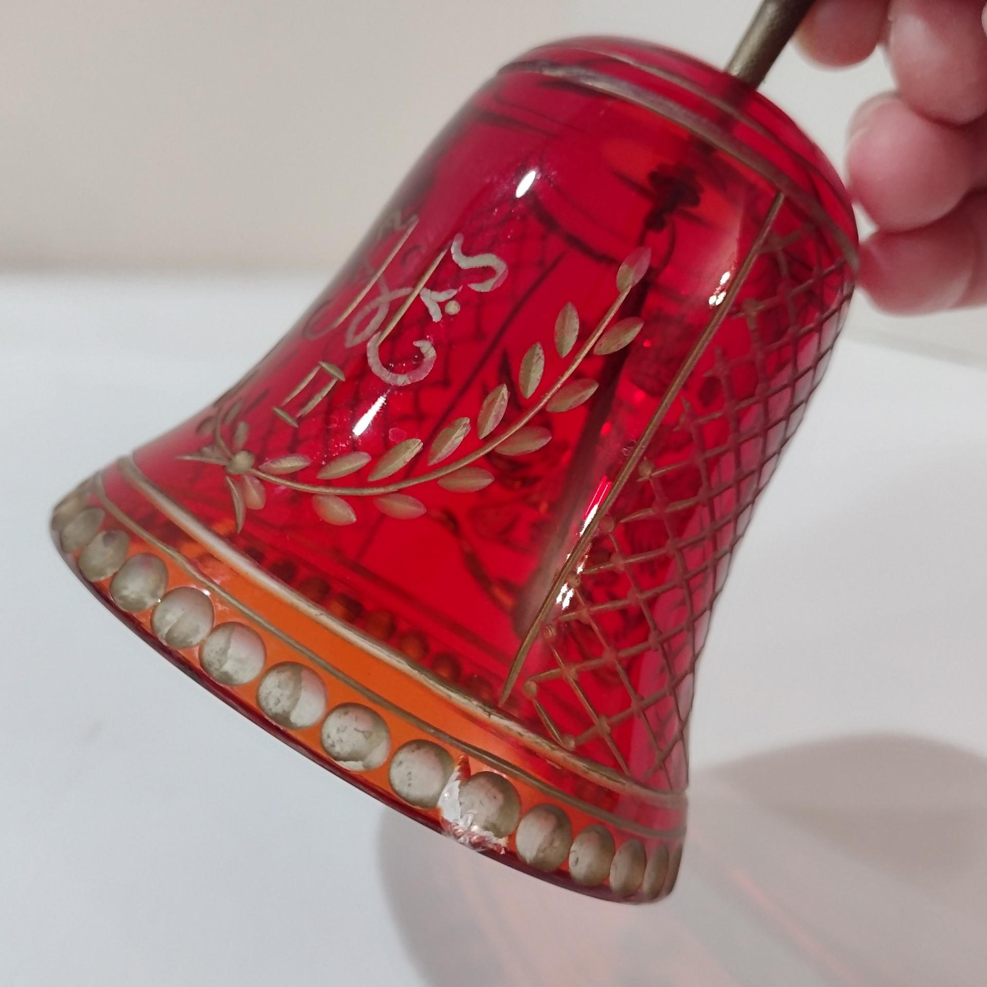 Vintage Bohemian Red Flash Glass Etched Bell with Gold Accents