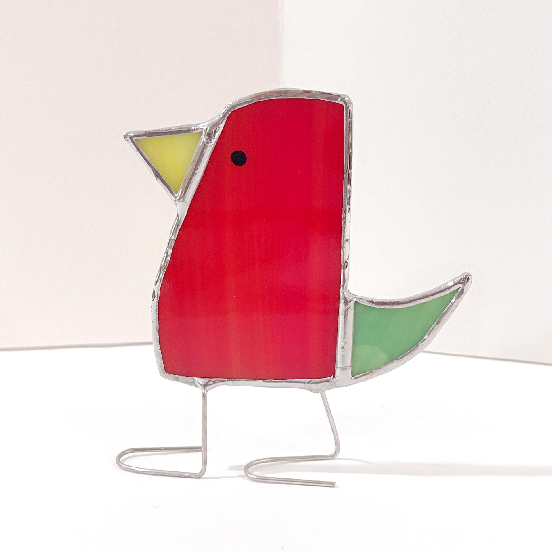 Stained Glass Standing Bird, Funky Red and Green Glass Bird Suncatcher, Bird Lover Gift, Windowsill Sitter