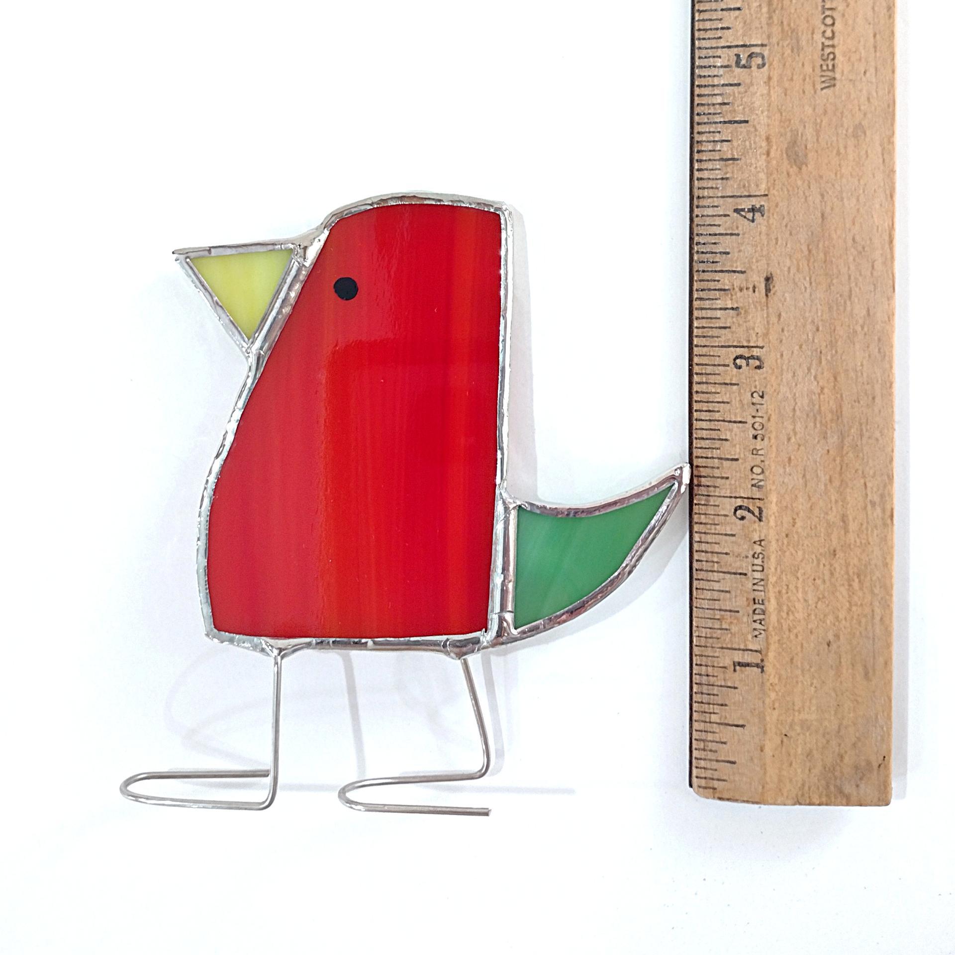 Stained Glass Standing Bird, Funky Red and Green Glass Bird Suncatcher, Bird Lover Gift, Windowsill Sitter