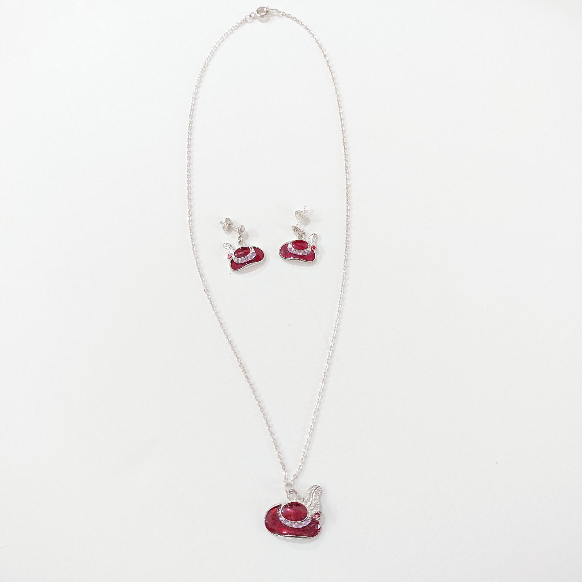 Vintage Red Hat Society Enamel and Rhinestone Pendant and Earrings Set