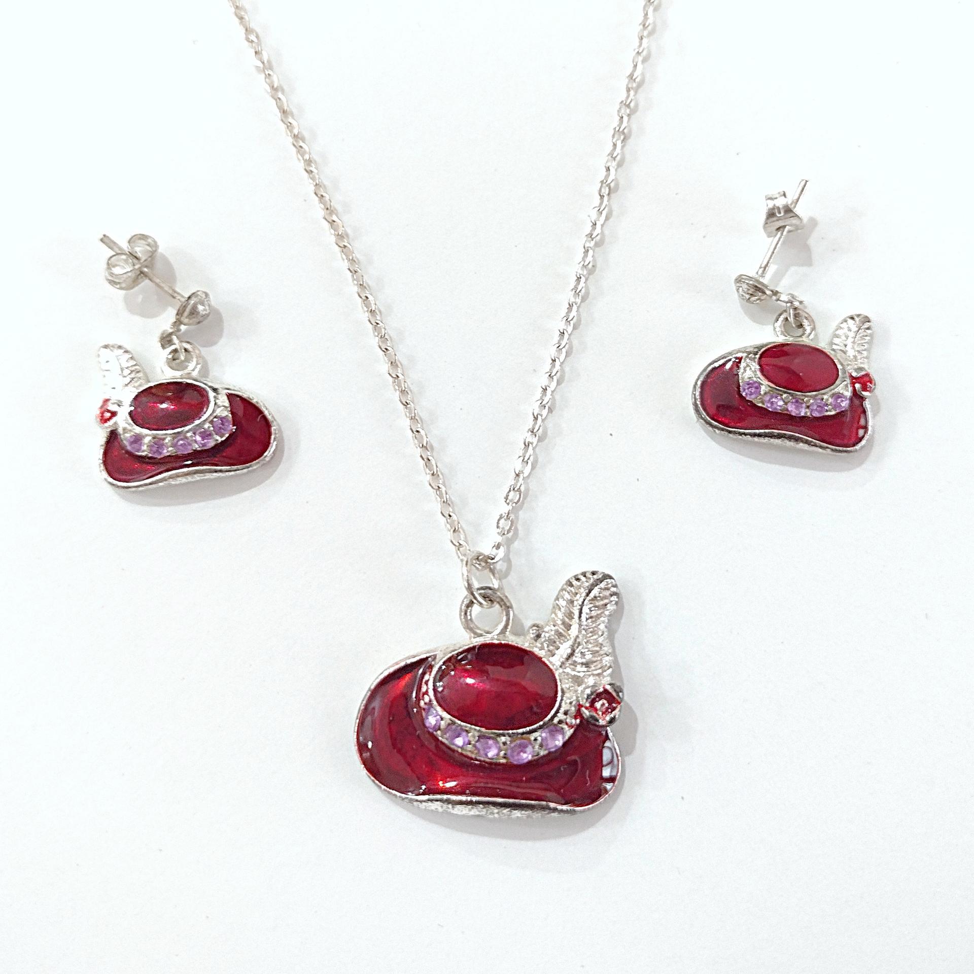 Vintage Red Hat Society Enamel and Rhinestone Pendant and Earrings Set