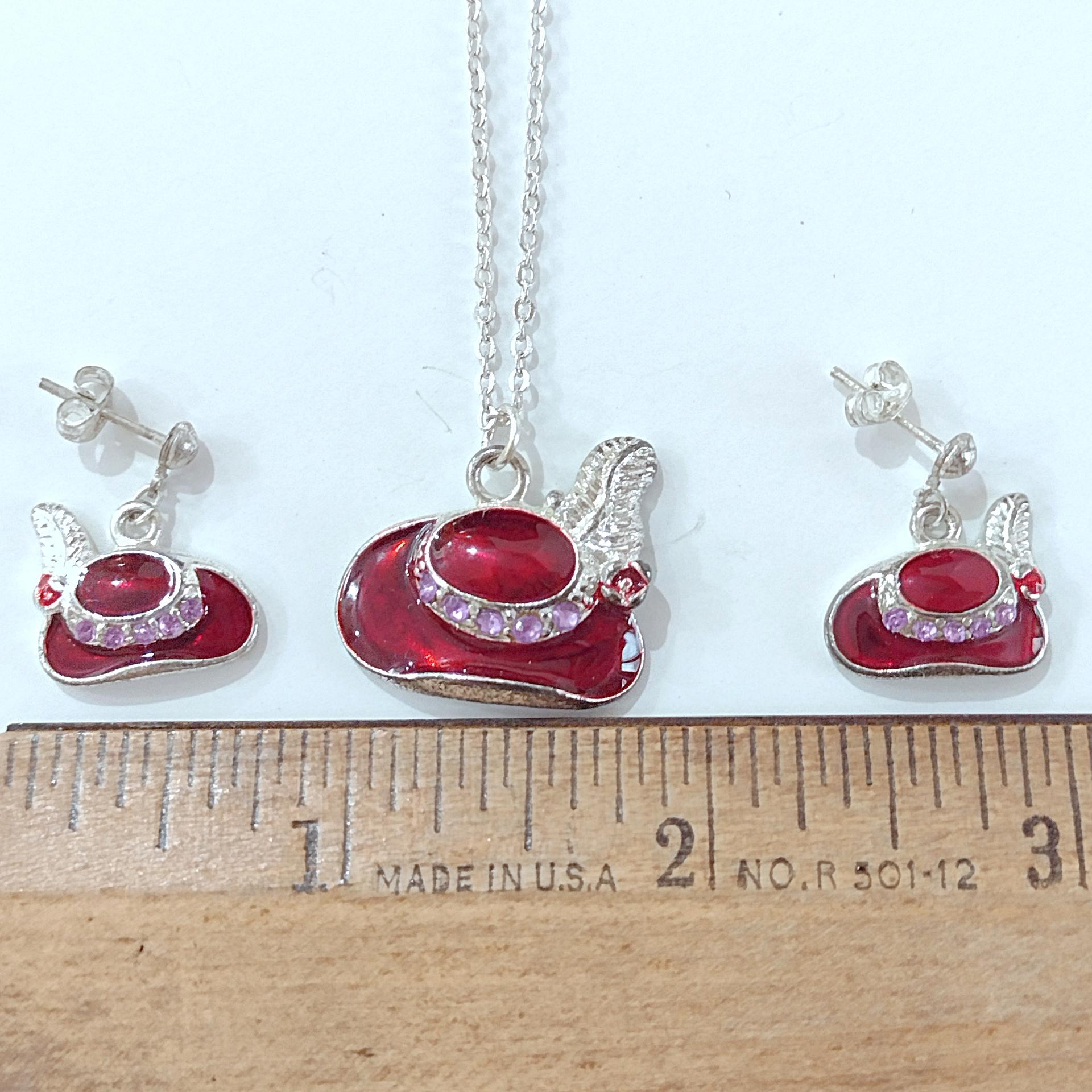Vintage Red Hat Society Enamel and Rhinestone Pendant and Earrings Set