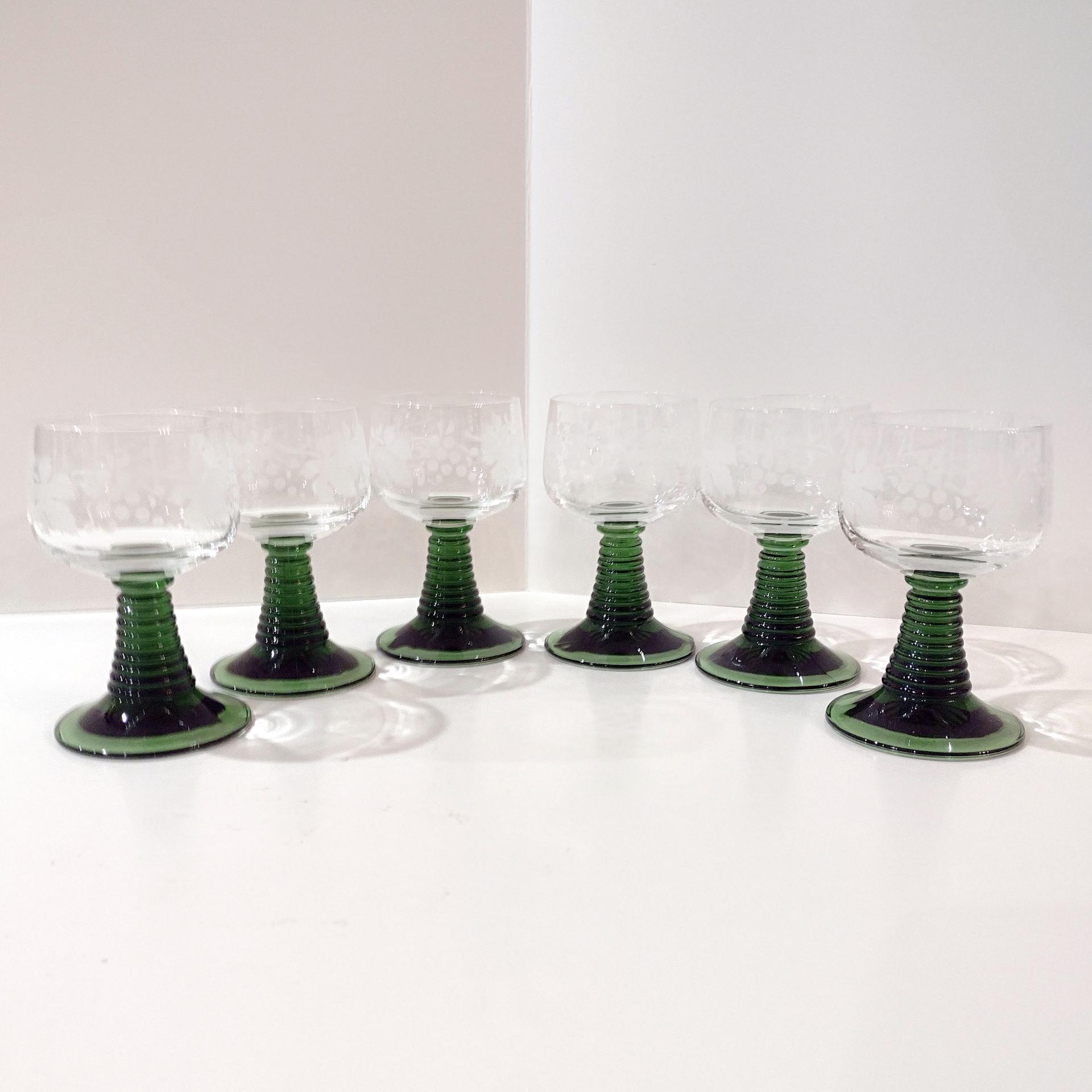 Vintage Green Roemer Wine Glasses with Etched Grapevine Design, Set of 6
