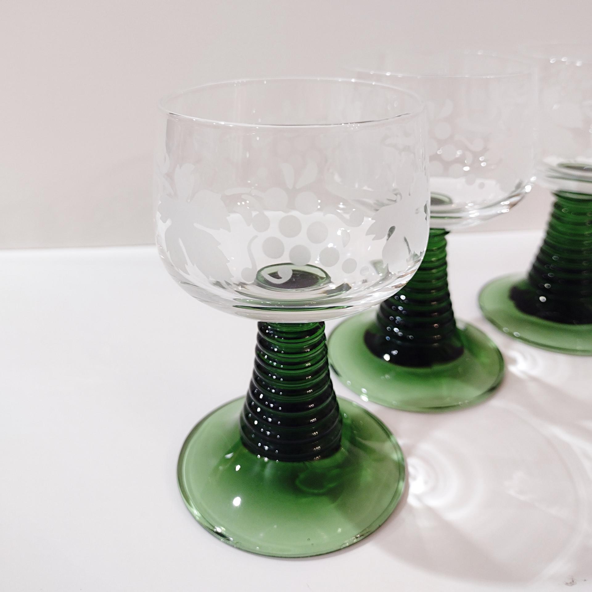 Vintage Green Roemer Wine Glasses with Etched Grapevine Design, Set of 6