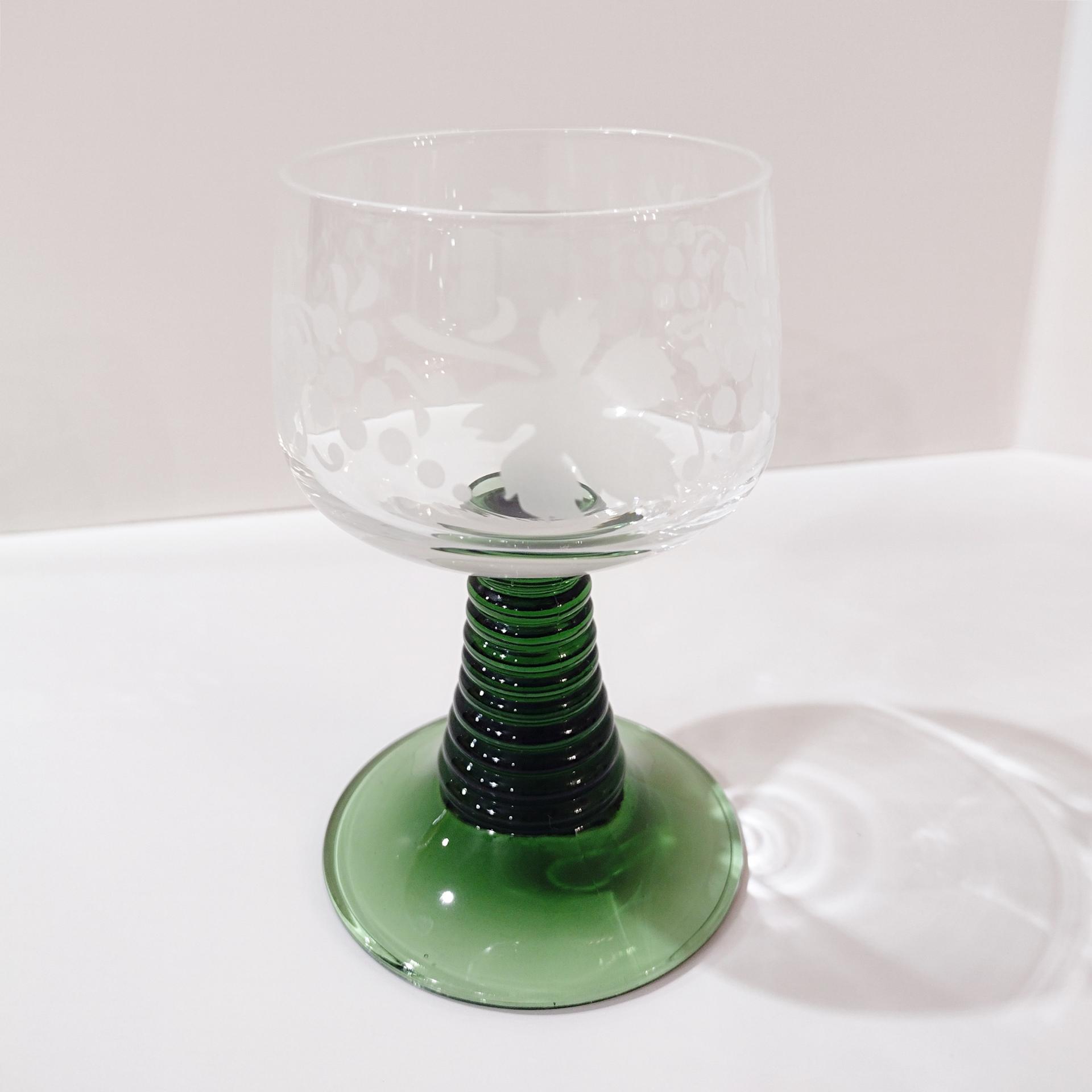 Vintage Green Roemer Wine Glasses with Etched Grapevine Design, Set of 6