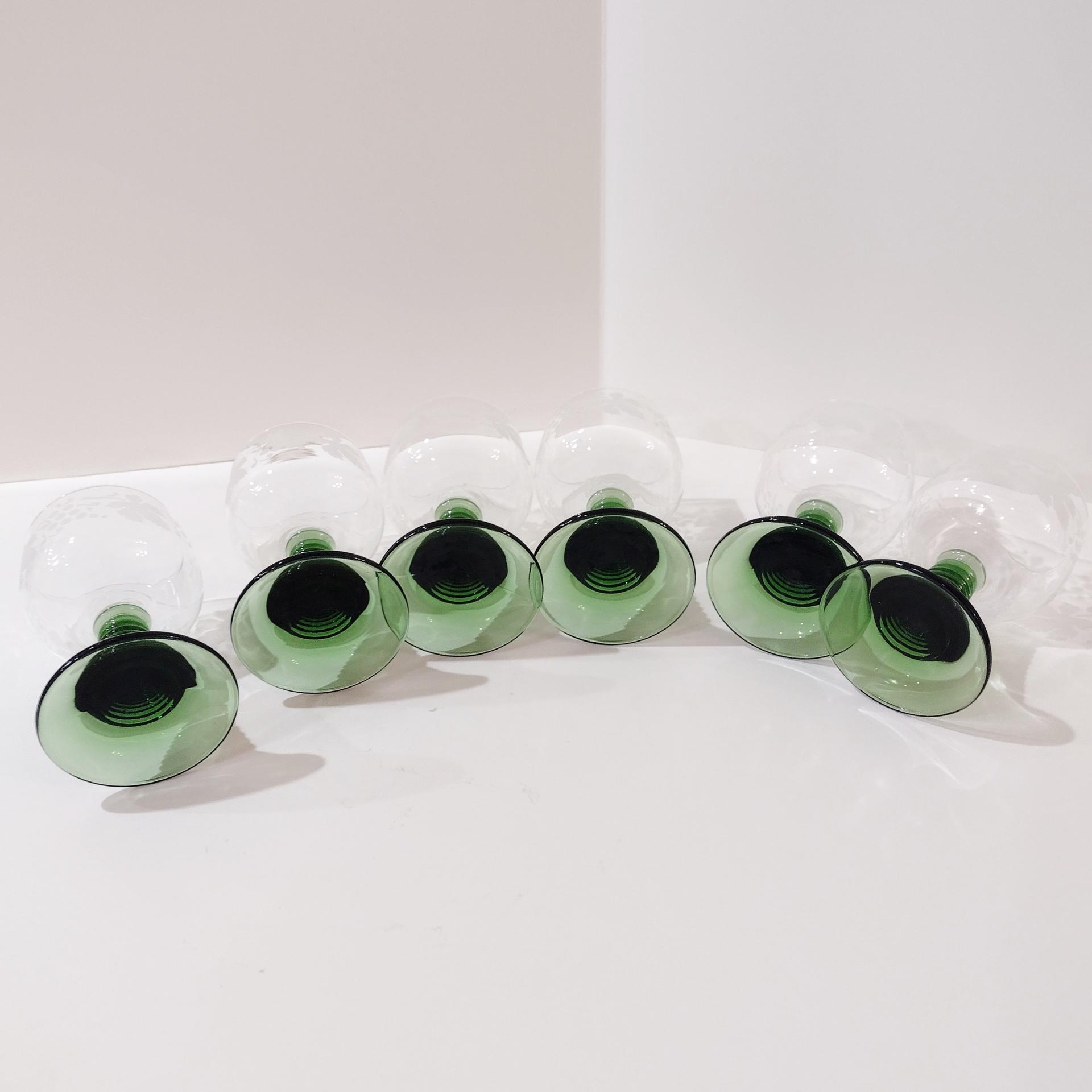 Vintage Green Roemer Wine Glasses with Etched Grapevine Design, Set of 6
