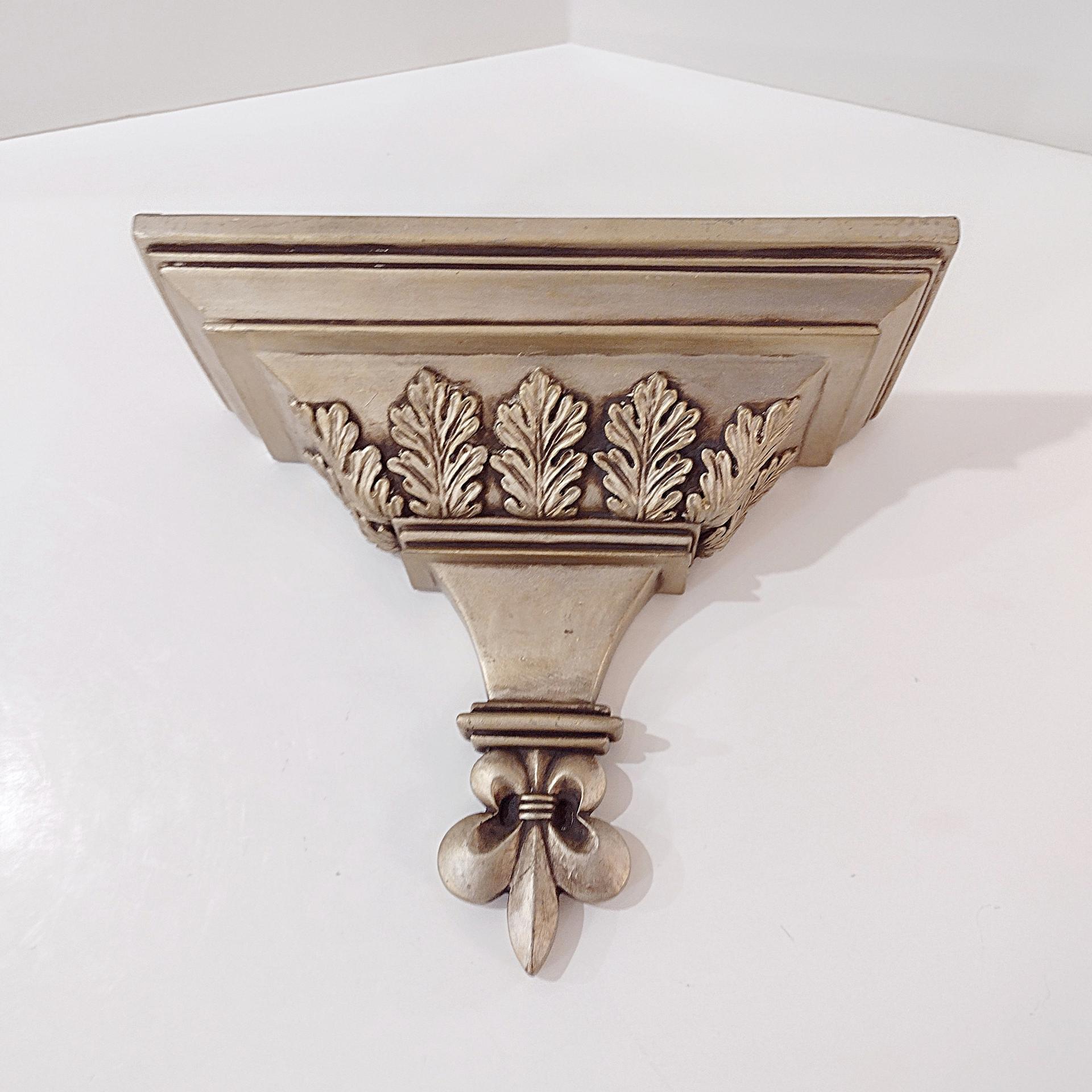 Vintage Gold Toned Distressed Wall Shelf with Leaf Design, Roman Greek Style Corbel Floating Shelf