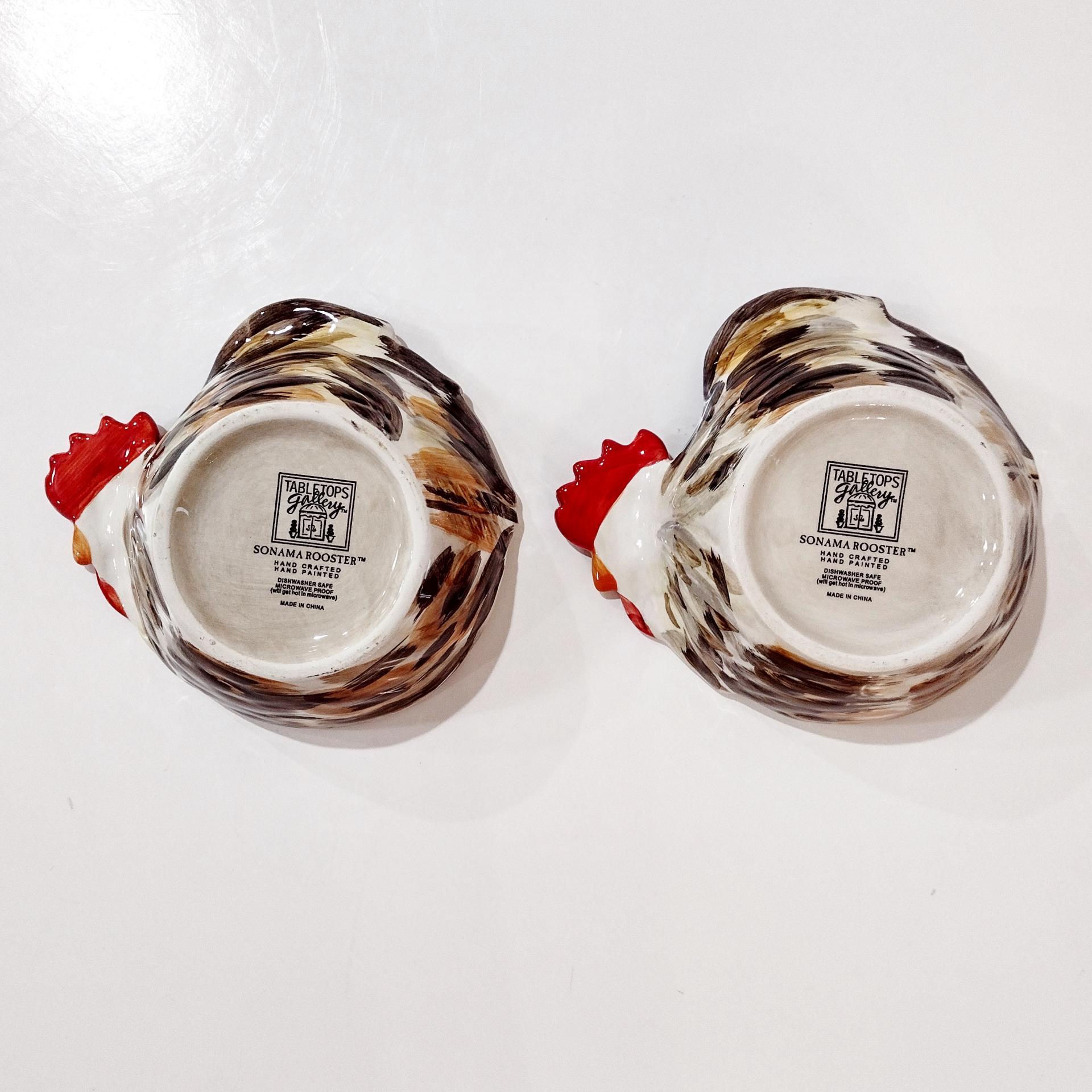 Vintage Rooster Chicken Condiment Bowls, Set of Two, Tabletops Gallery Sonama Rooster Bowls, Guest Soap Trinket Dishes