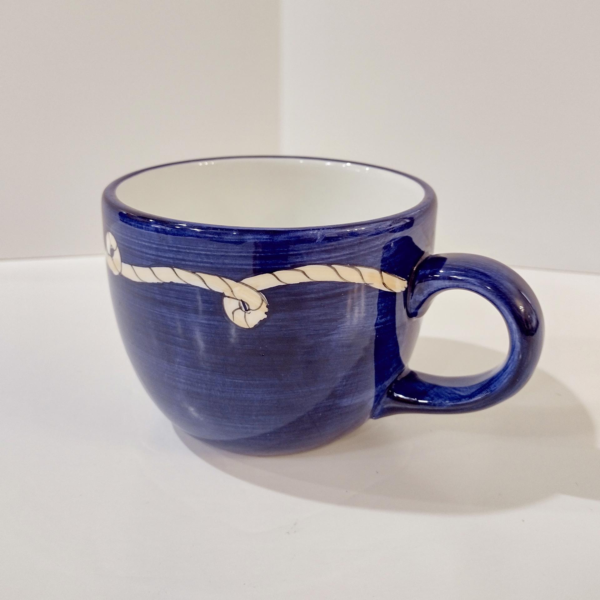 Vintage Blue Nautical Rope Boat Captain Sailor Ceramic Coffee Tea Oversized Mug, KIG Brushes Hand Painted Mug