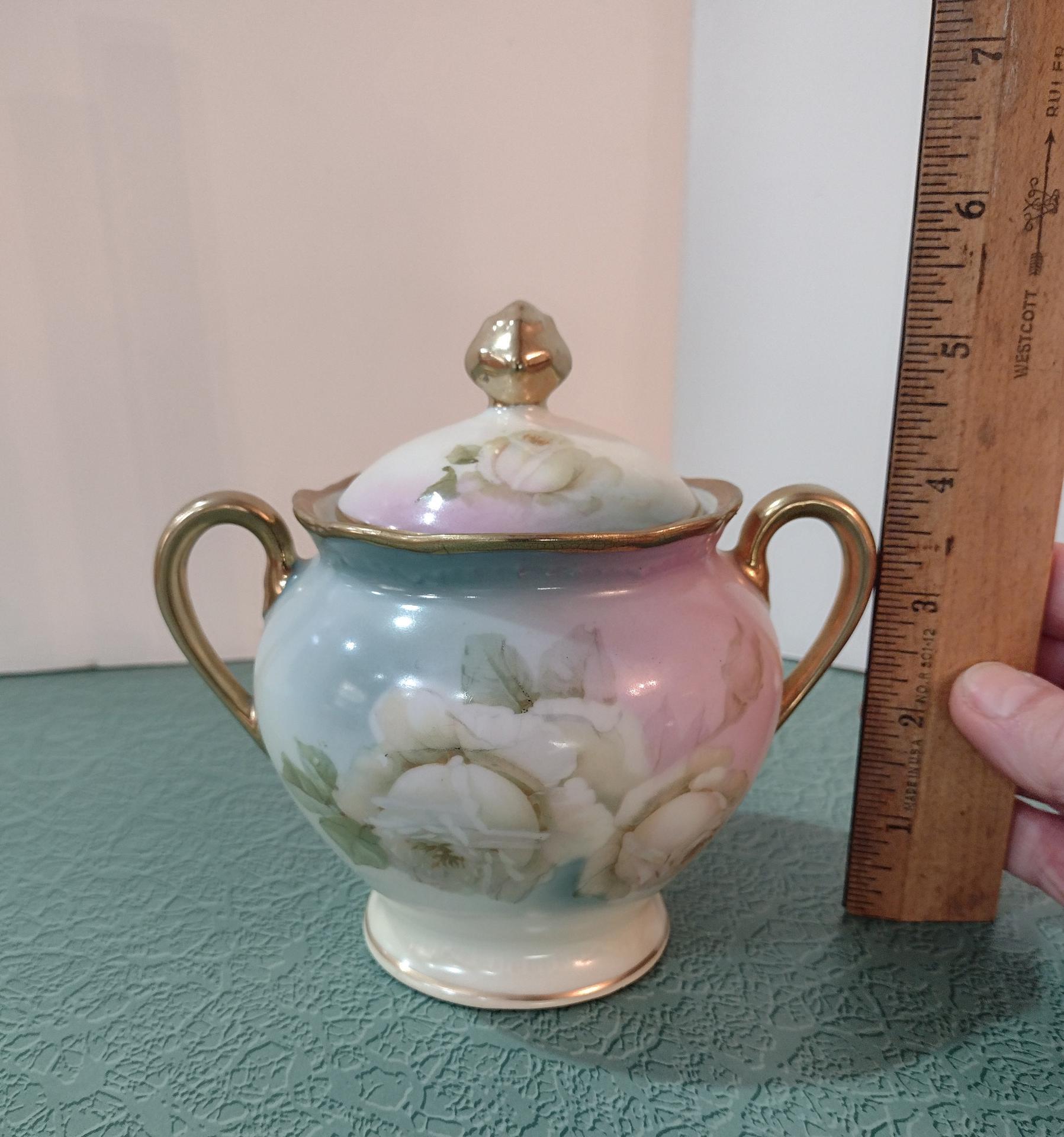 Antique Hand Painted Covered Sugar Bowl with Roses Design and Gold Trim, Bavaria Prince Regent Germany LDBCo