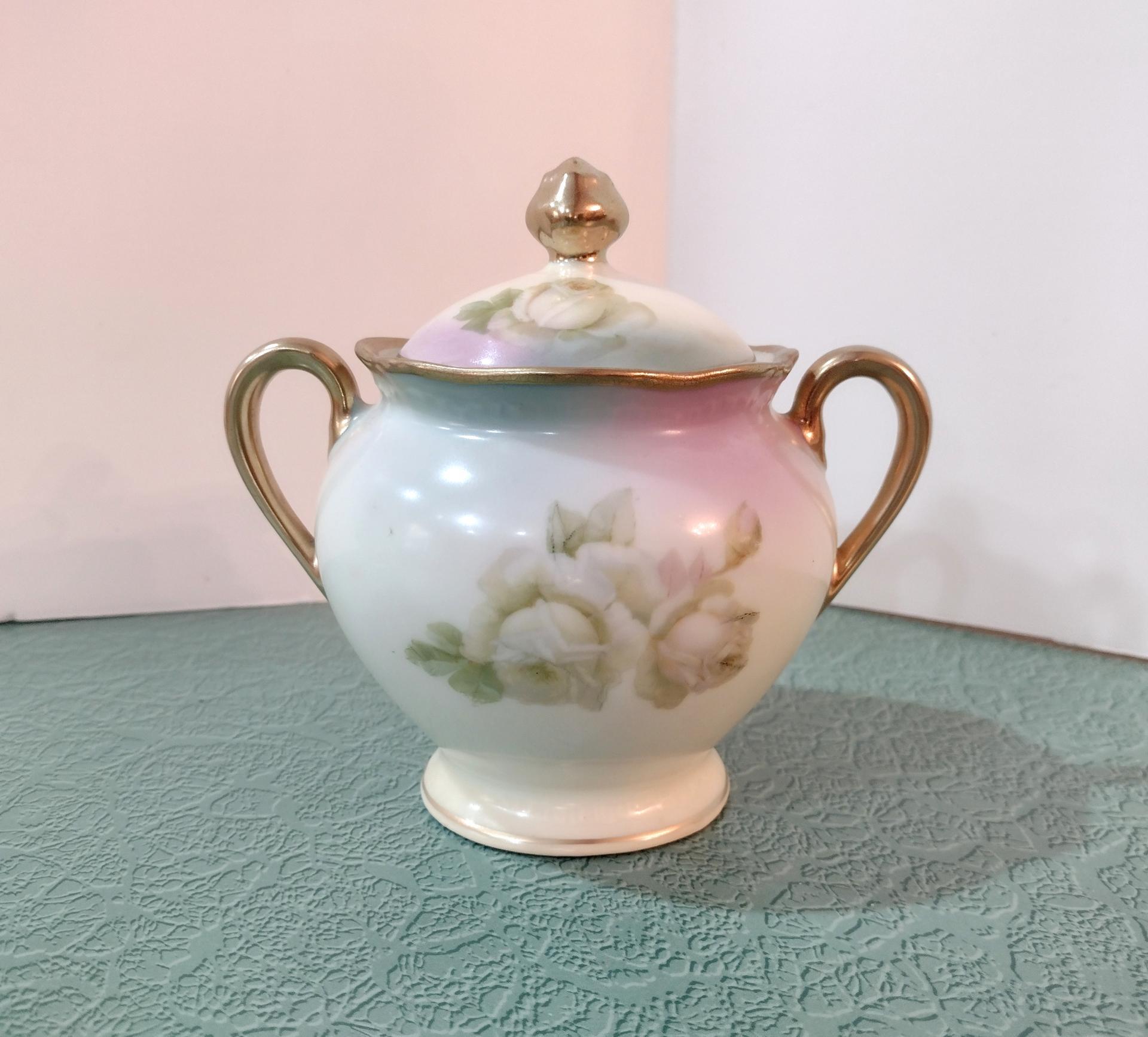 Antique Hand Painted Covered Sugar Bowl with Roses Design and Gold Trim, Bavaria Prince Regent Germany LDBCo