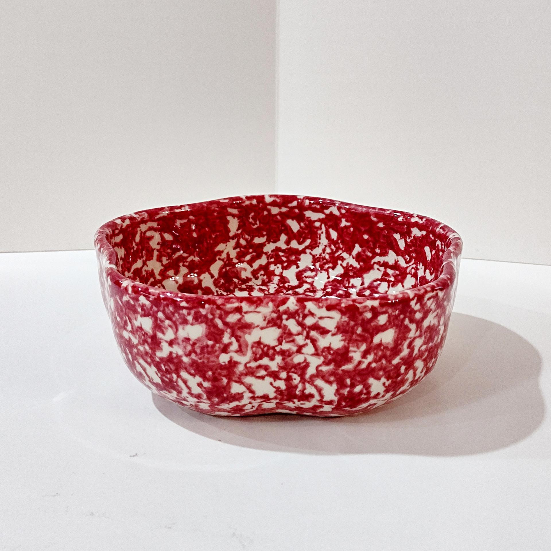 Vintage Rose Red Spongeware Ceramic Petal Serving Bowl, Roseville Spongware Pottery, Workshops of Gerald E Henn Pottery