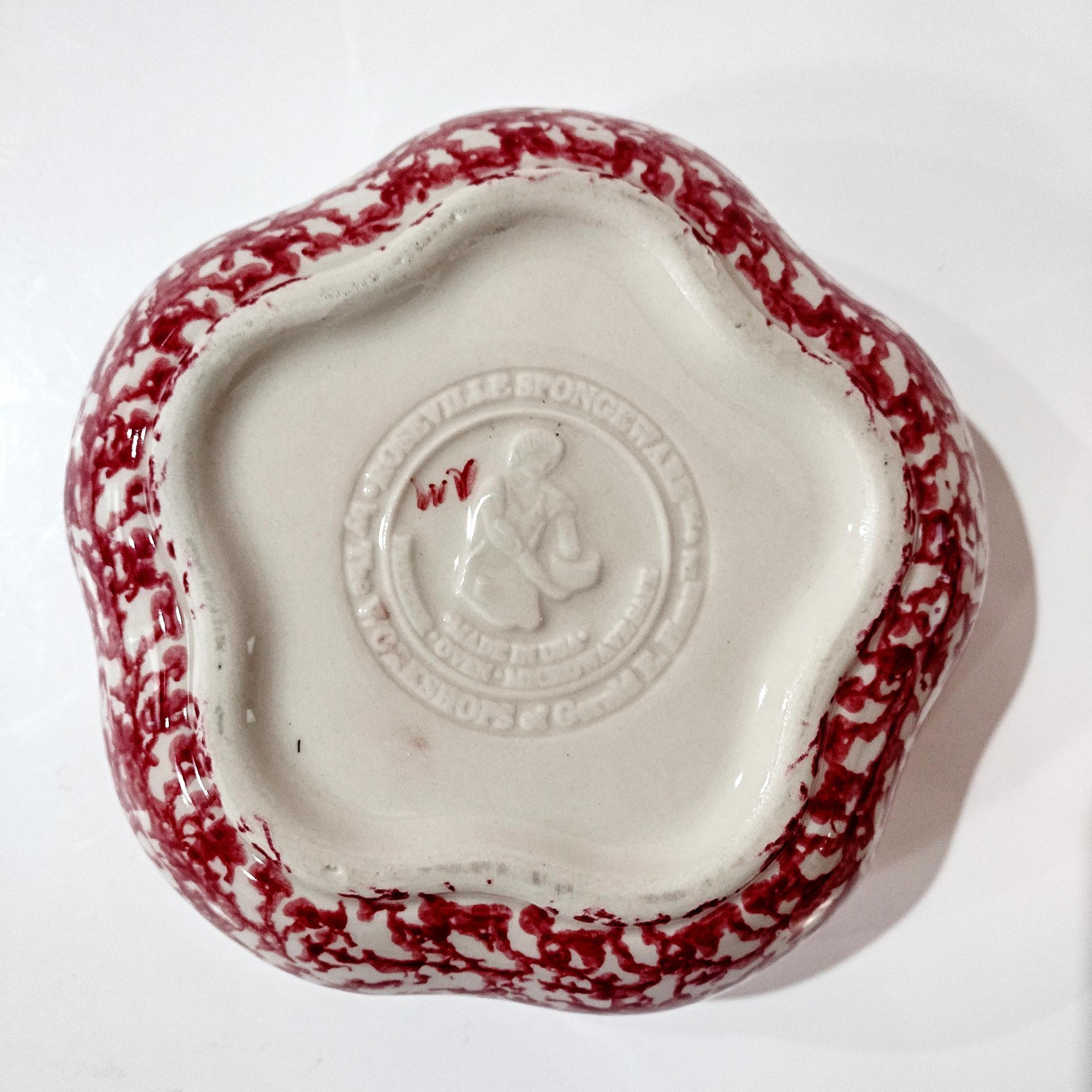 Vintage Rose Red Spongeware Ceramic Petal Serving Bowl, Roseville Spongware Pottery, Workshops of Gerald E Henn Pottery