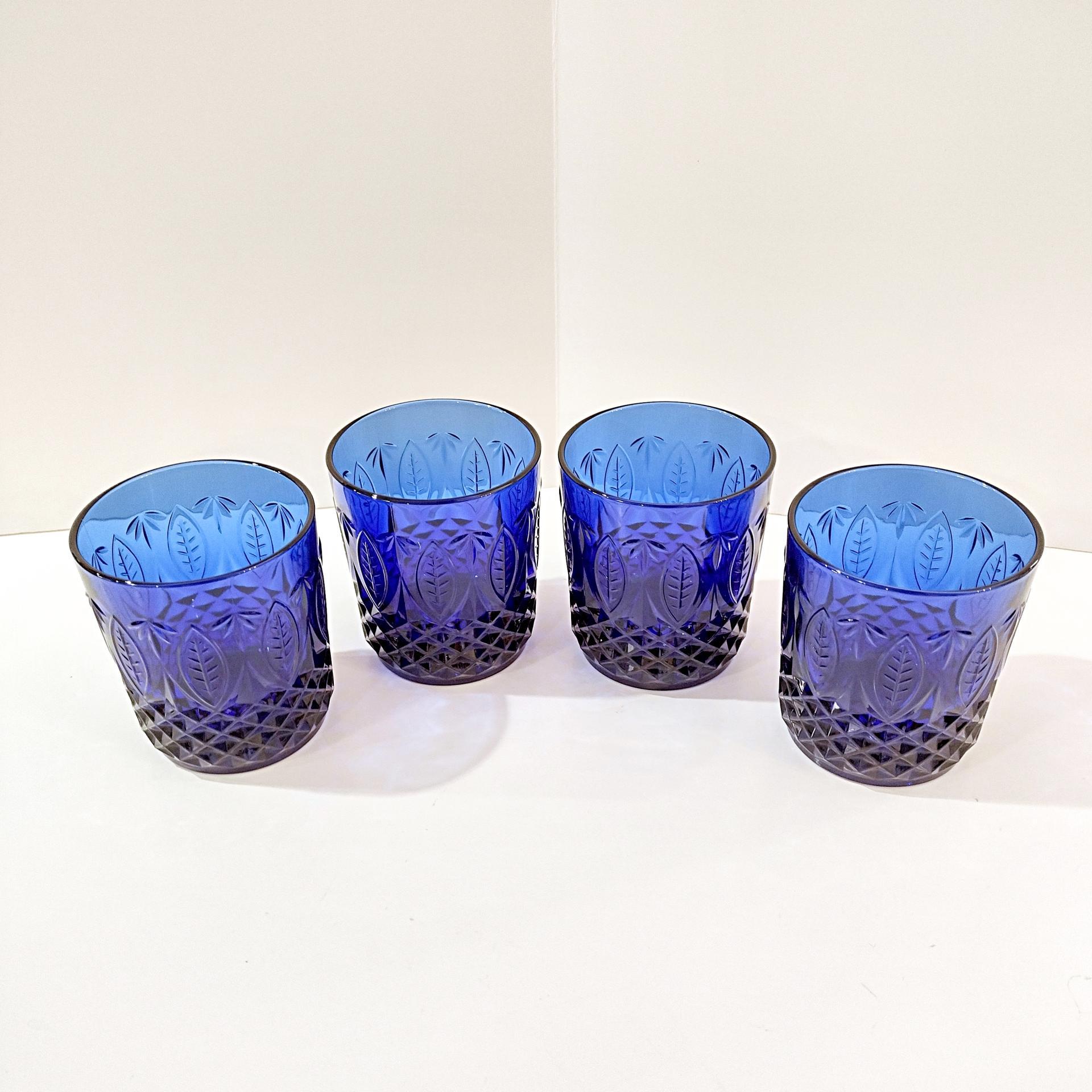 Vintage Arcoroc Avon Royal Sapphire Blue Old Fashioned Whisky Lowball Glasses, Set of Four, Cobalt Blue Drinking Glasses with Diamond Leaf Pattern