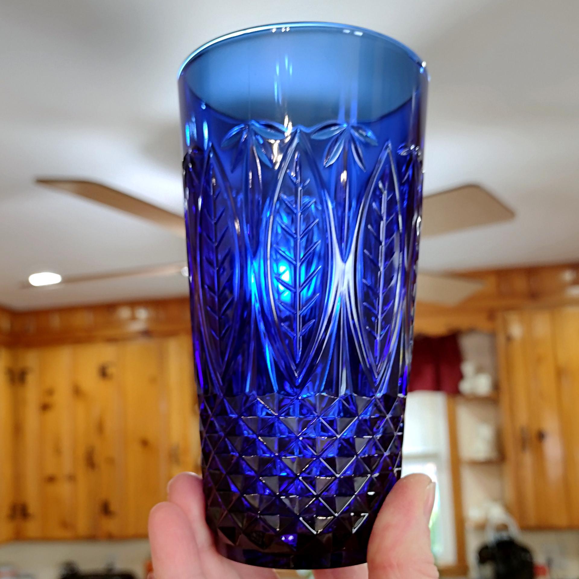 Vintage Arcoroc Avon Royal Sapphire Blue Flat Tumblers, Set of Four, Cobalt Blue Drinking Glasses with Diamond Leaf Pattern