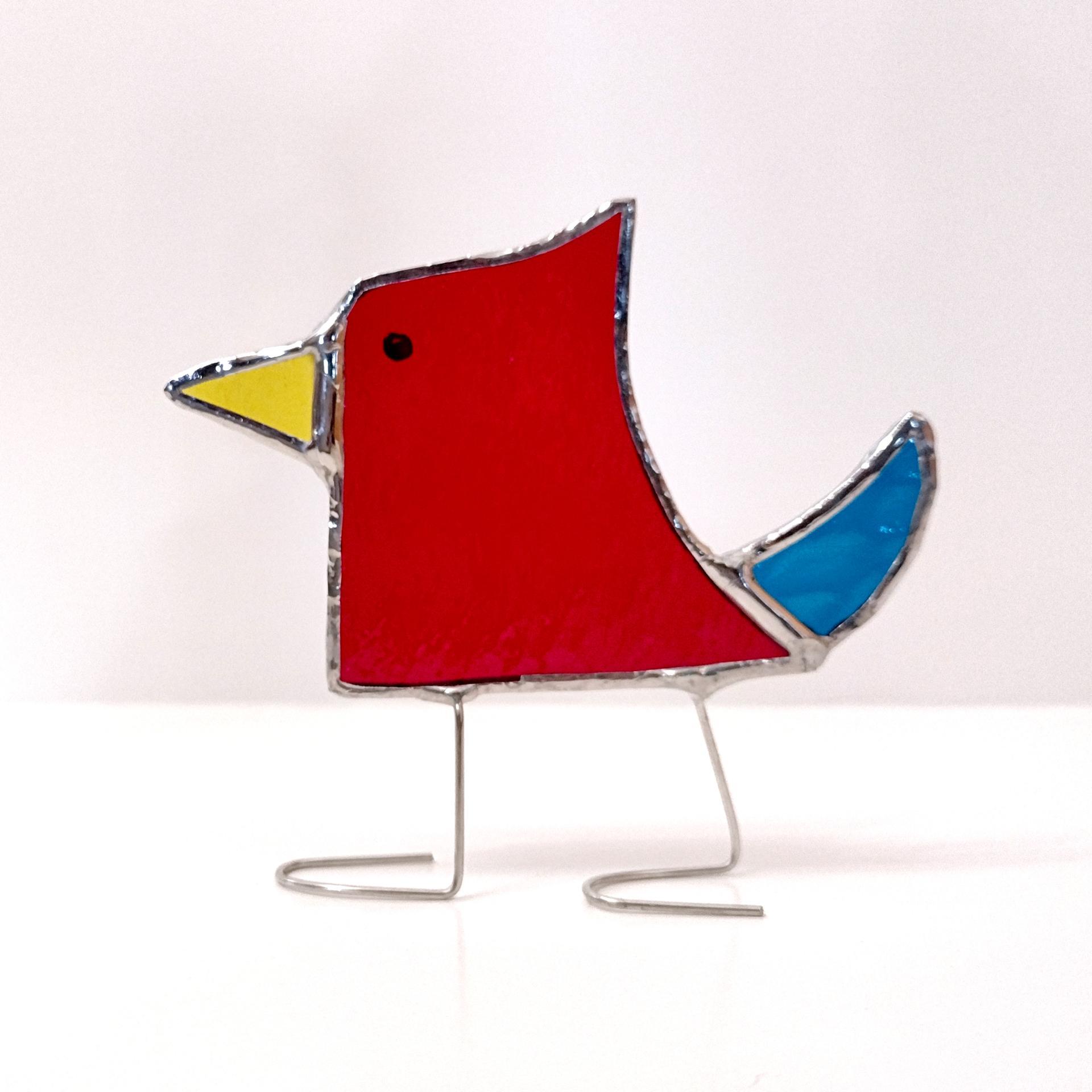 Stained Glass Standing Bird, Funky Glass Bird, Red and Turquoise Aqua Blue Bird Suncatcher, Windowsill Free Standing Bird